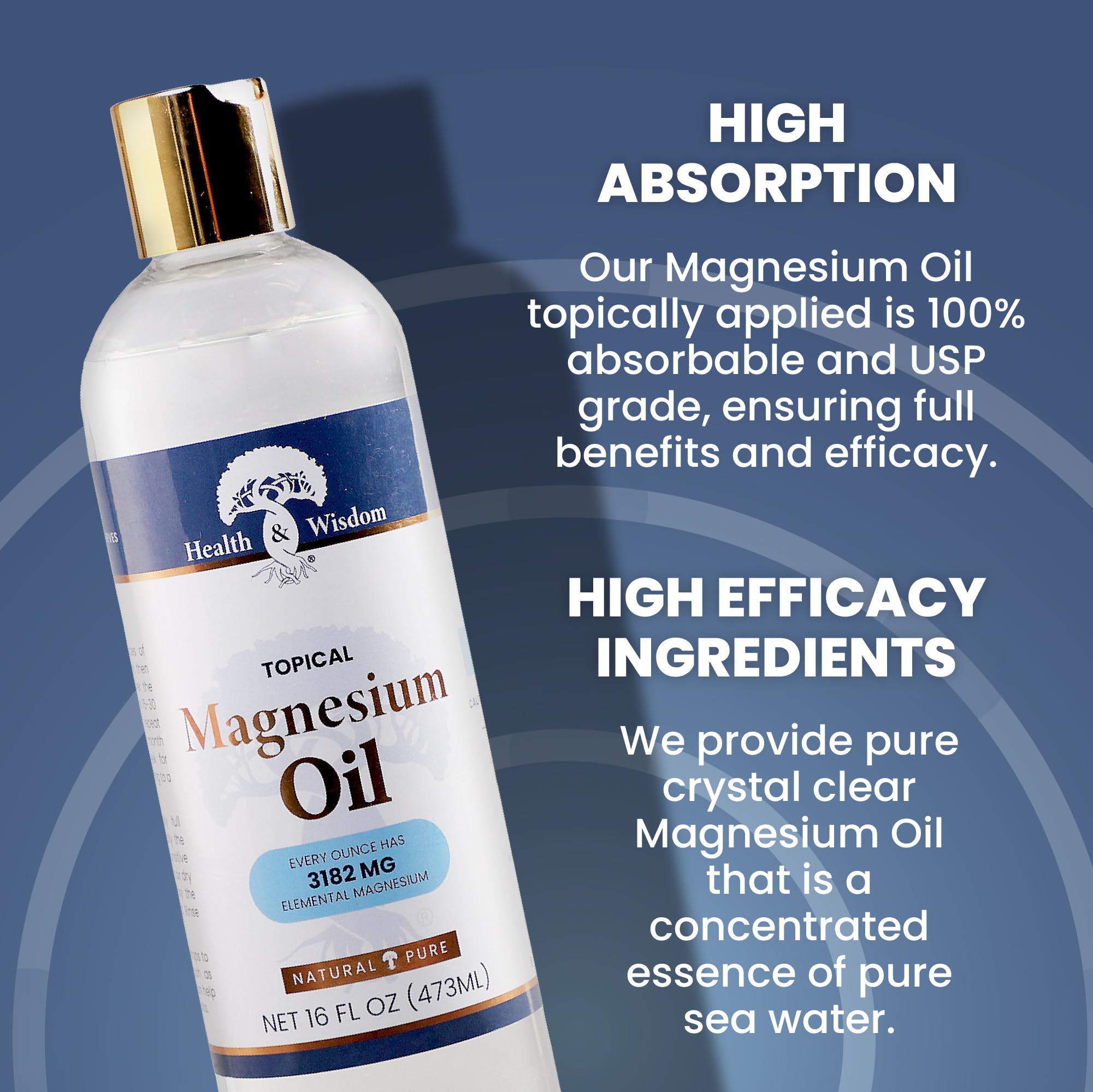 Health and Wisdom Pure Magnesium Oil for Feet, Bath & Massage - Transdermal Magnesium Chloride Oil (16 Fl Oz) | Relieve Muscle Pain, Improve Sleep & Relaxation