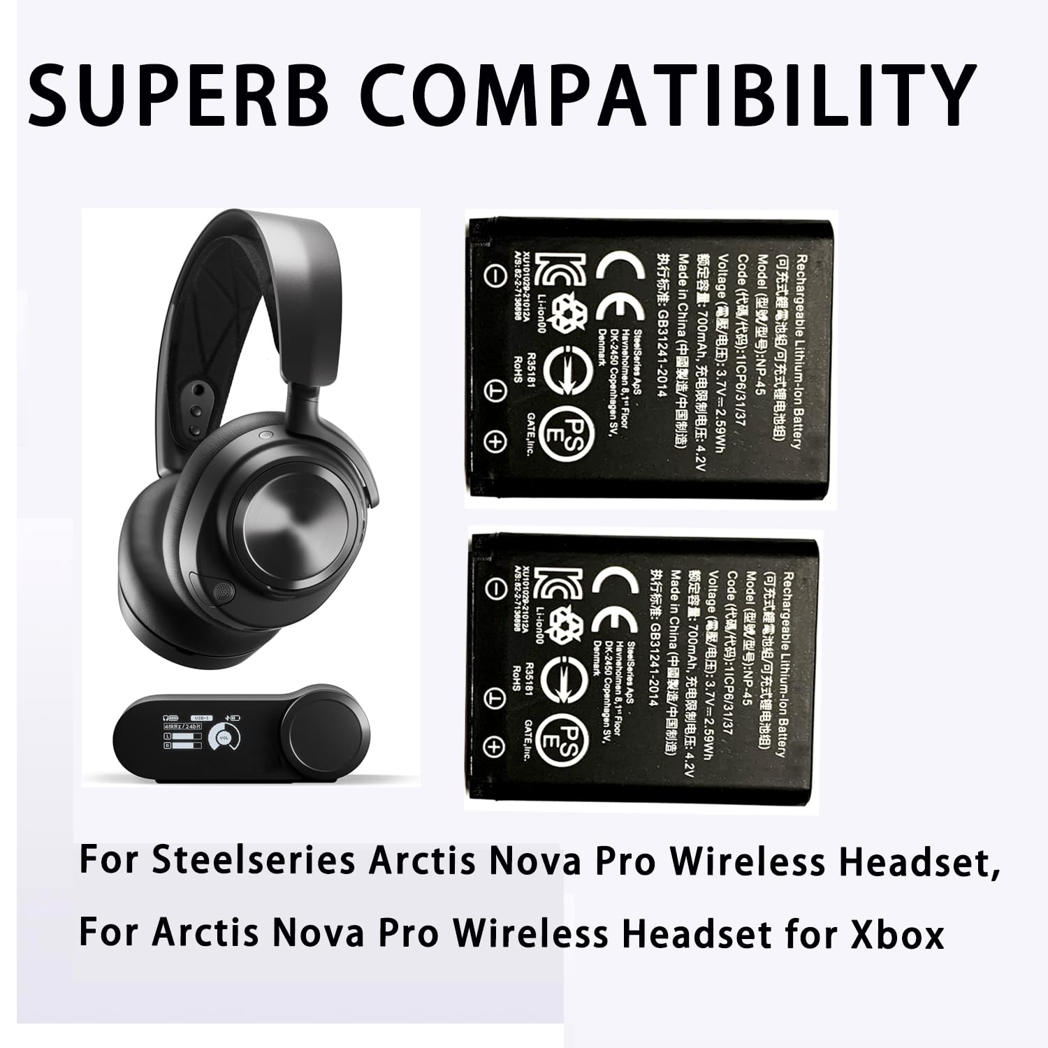 SteelSeries Arctis Nova Pro Wireless Headset Battery Replacement NP-45 - 2-Pack Compatible with Xbox & PlayStation - Long-Lasting Gaming Headset Batteries for Extended Play Sessions