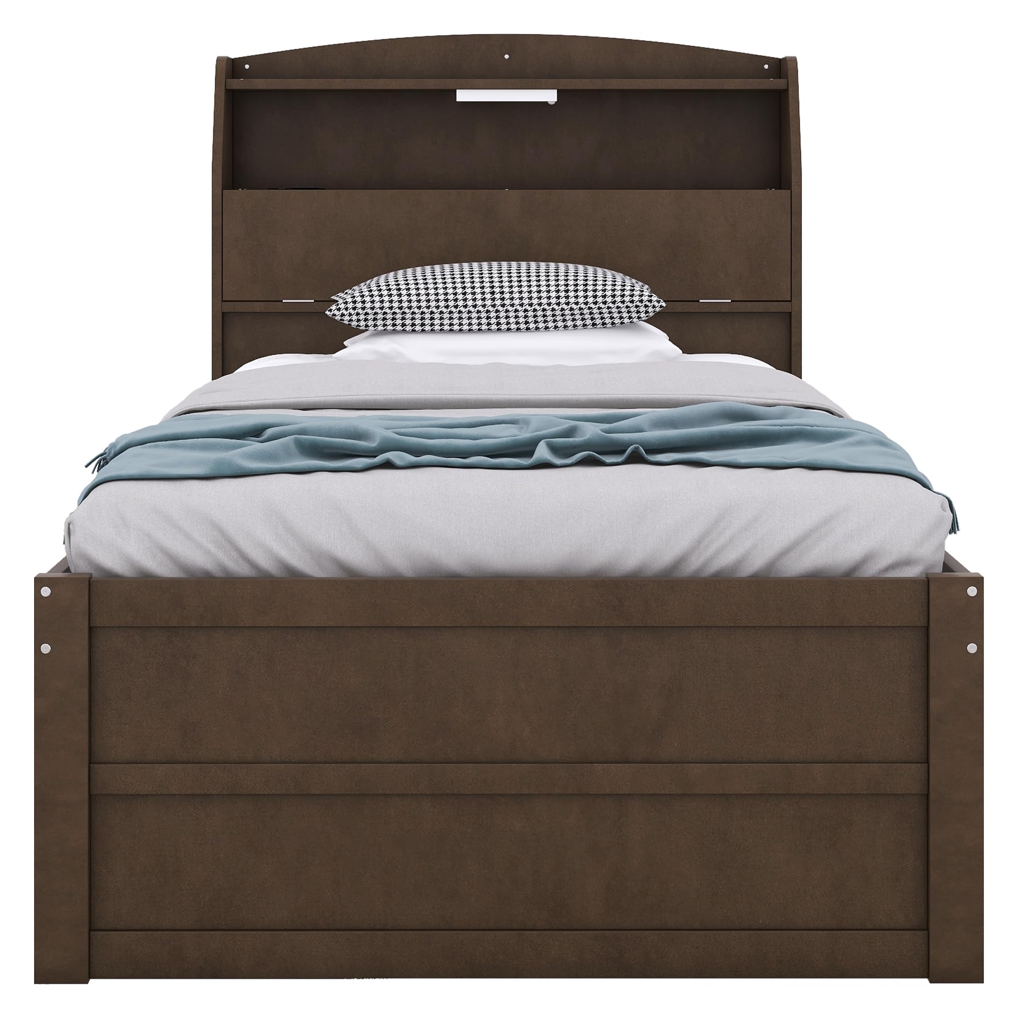 Wooden Twin Bed Frame with Trundle & Bookcase Headboard - Twin Size Captain Platform Bed with USB Charging Station & LED Lights for Kids, Teens, Boys & Girls - Brown - Perfect for Small Bedrooms, Guest Rooms & Kids' Rooms