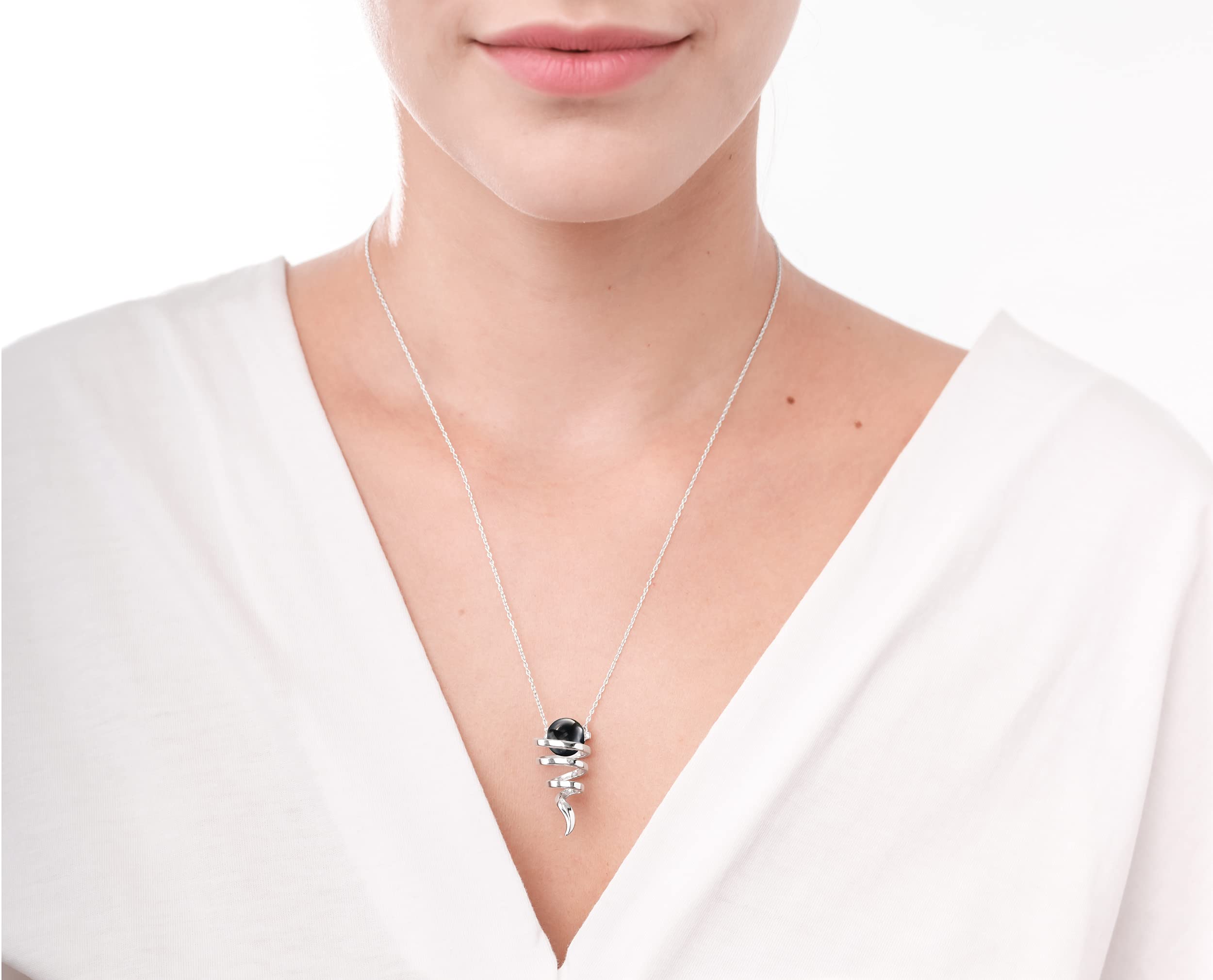 Black Tourmaline Pendant Necklace for Women - Birthstone Silver Chain Necklace - Modern Minimalist Drop Necklace for Everyday Wear & Gift Giving