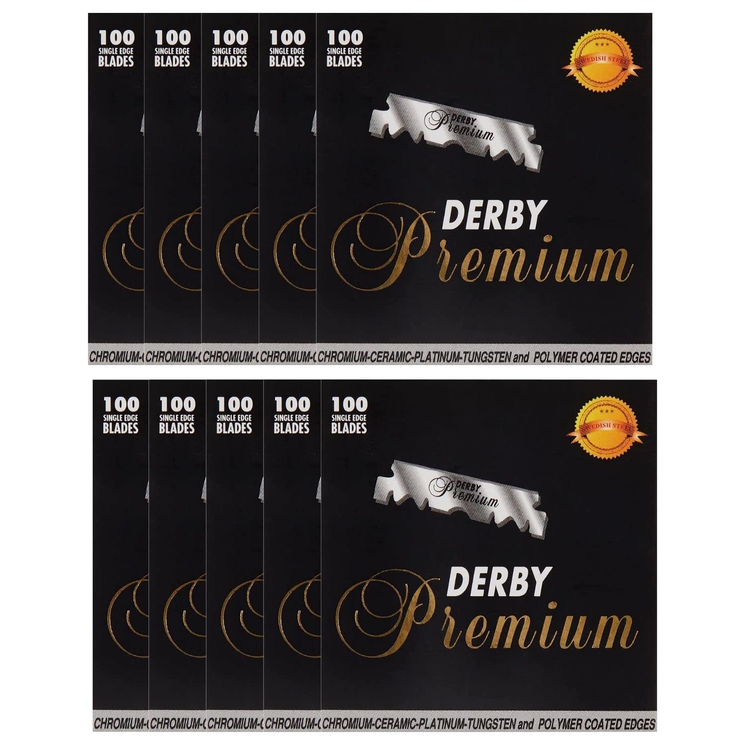 Derby Premium Single Edge Razor Blades - Ultra Sharp Chromium Ceramic Platinum Tungsten Coated - 10 Pack for Men's Shaving & Barber Use - Perfect for Sensitive Skin and Professional Grooming