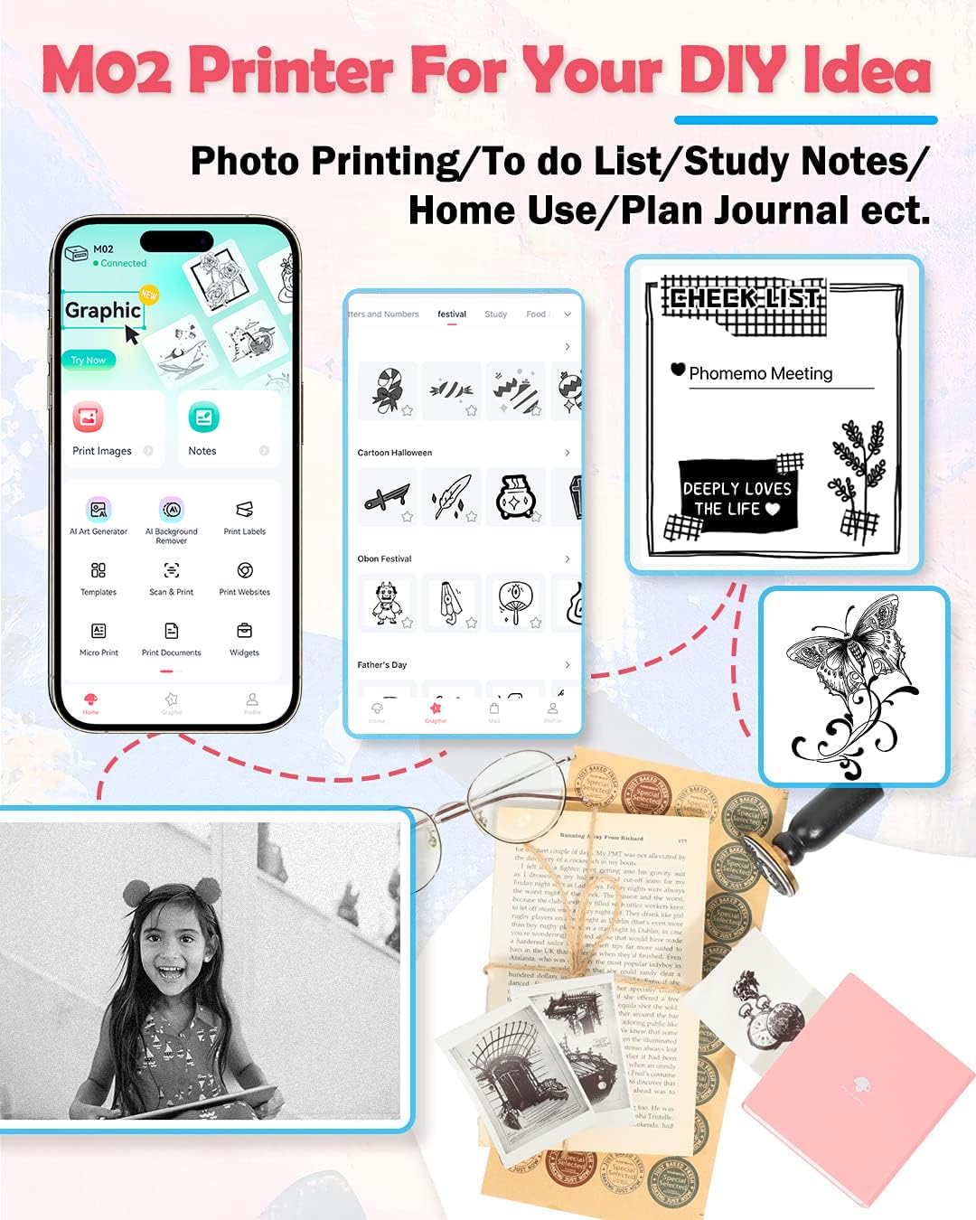 Phomemo M02 Mini Thermal Sticker Printer - Wireless Bluetooth Instant Photo Printer for Smartphones & Tablets | Portable Picture Maker for DIY Crafts, Scrapbooking & Small Business Labeling (Pink)