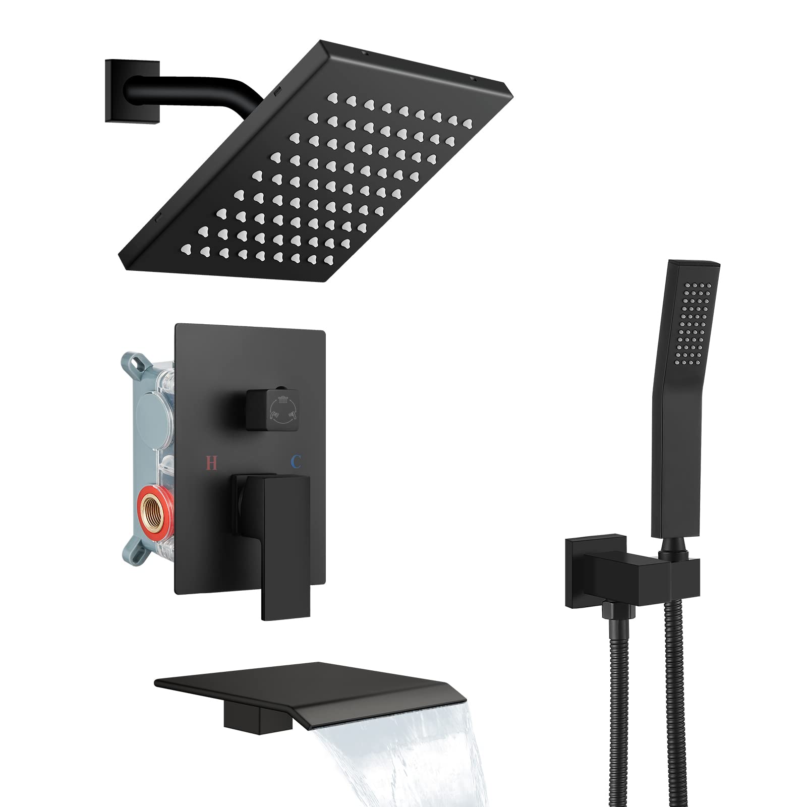 **Aolemi 8 Inch Matte Black Rainfall Shower System - Luxury Shower Head, Handheld Spray, Tub Filler & Rough-In Valve - Wall Mount Bathroom Mixer Combo for Spa-Like Relaxation**    (使用场景: Perfect for modern bathrooms, spa retreats, and luxury home upgrades, offering a refreshing rainfall shower experience.)