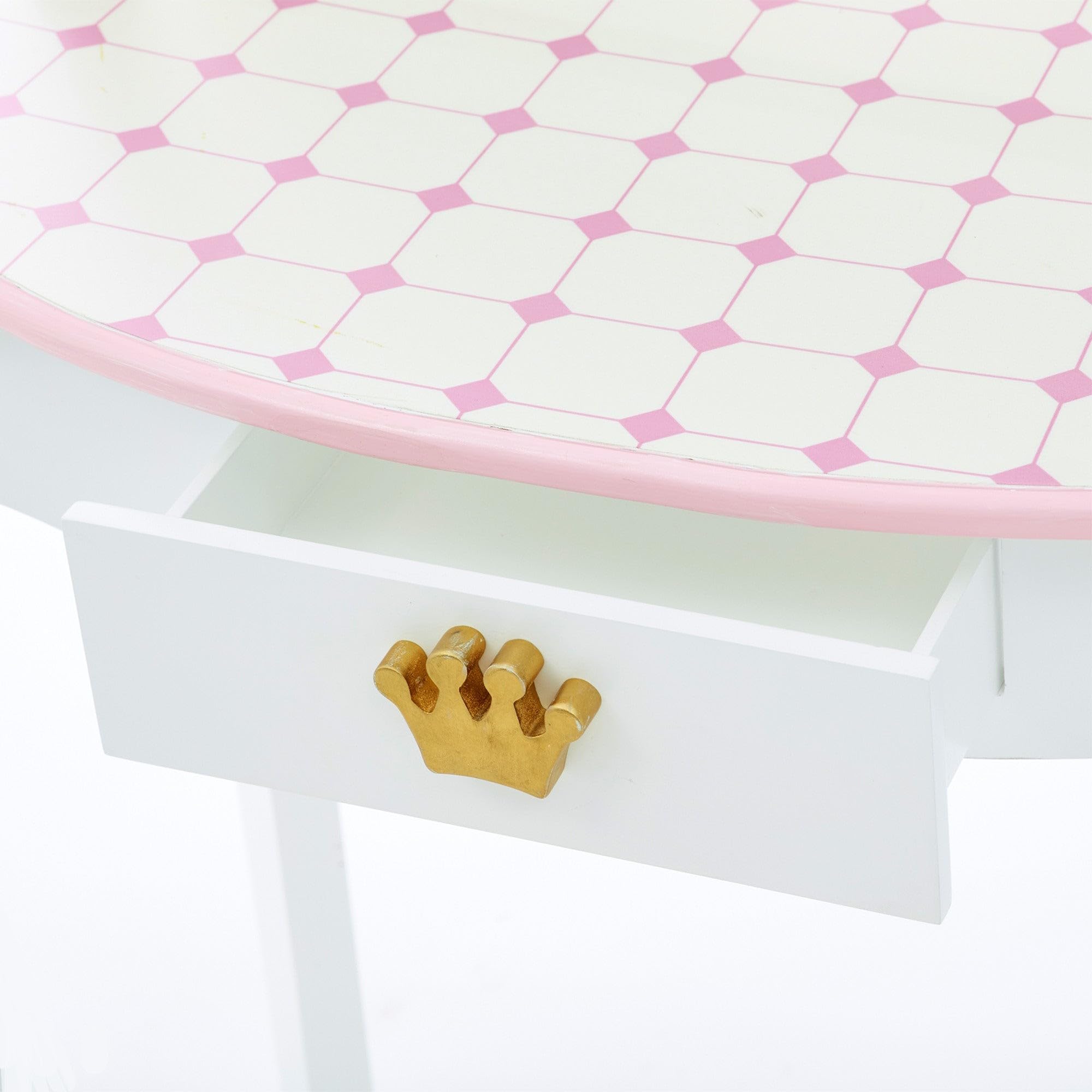 Teamson Kids Dreamland Princess Play Vanity Set with Mirror, Shelf, Storage Drawer & Stool - White & Pink Doll Furniture for 12