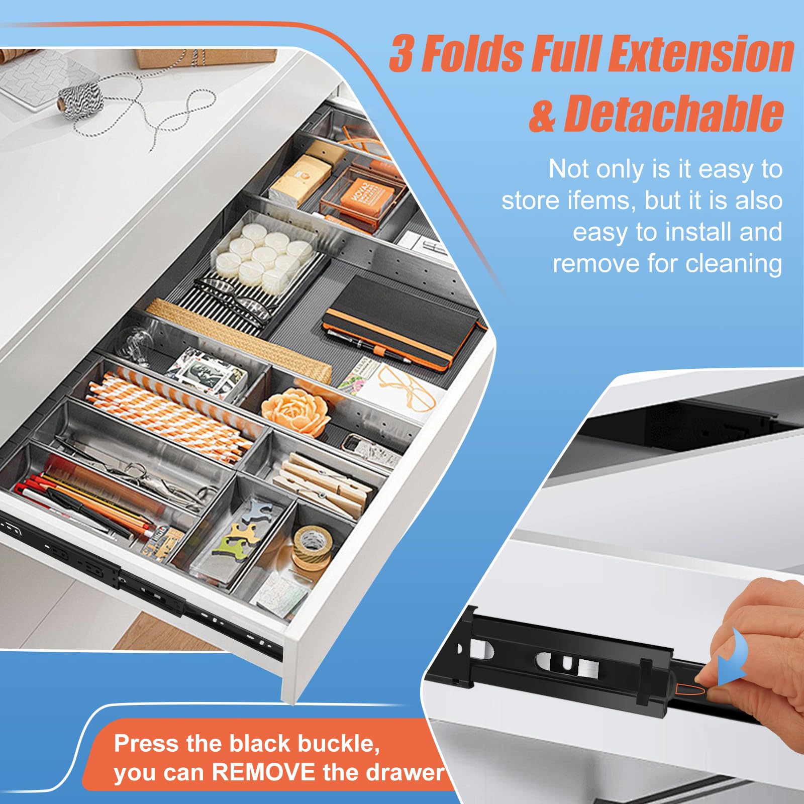 12 Inch Full Extension Ball Bearing Drawer Slides - 6 Pairs (12pcs) Heavy Duty Side Mount Drawer Rails for Kitchen Cabinets, Wardrobes, File Cabinets & Trash Cans - 100 LB Capacity Black Metal Glides - Perfect for Home Office & Storage Organization