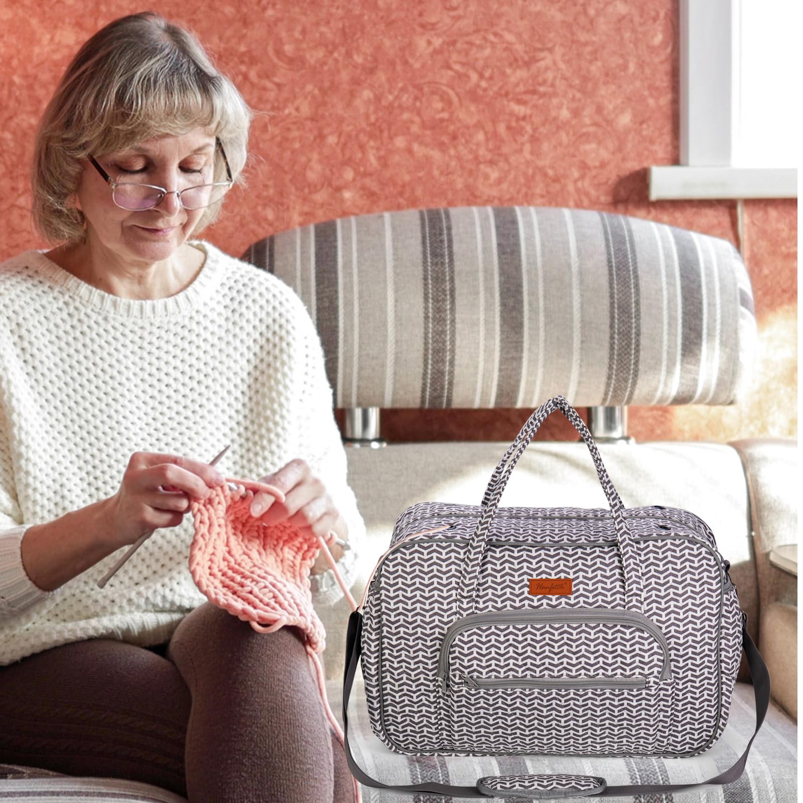 Hanfetch Yarn Storage Organizer - Large Knitting Crossbody Bag & Crochet Tote for Yarn, Needles, Hooks - Perfect for Crafting On-The-Go, Travel Projects & Home Organization (Gray-Arrow)
