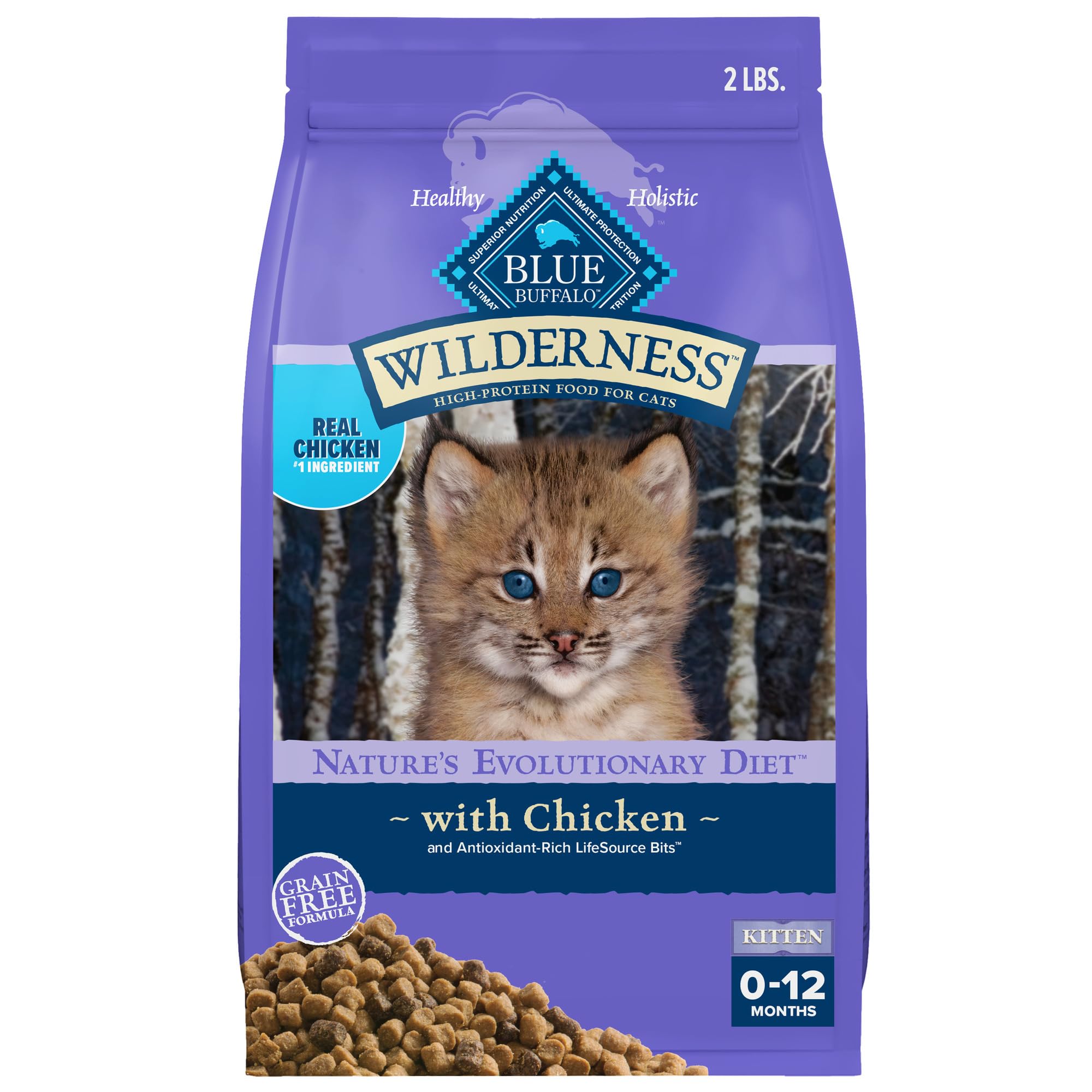 Blue Buffalo Wilderness High-Protein Chicken Kitten Dry Cat Food - Natural Grain-Free Recipe for Growing Kittens - 2 lb Bag - Perfect for Indoor & Outdoor Active Kittens