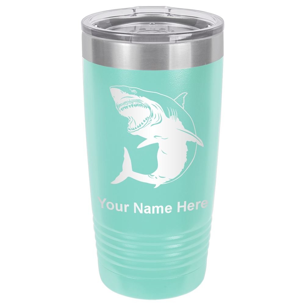 LaserGram 20oz Vacuum Insulated Stainless Steel Tumbler Mug with Leak-Proof Lid - Great White Shark Design, Personalized Engraving Included (Teal) - Perfect for Coffee, Tea, Cold Drinks at Home, Office, Gym or Outdoor Adventures