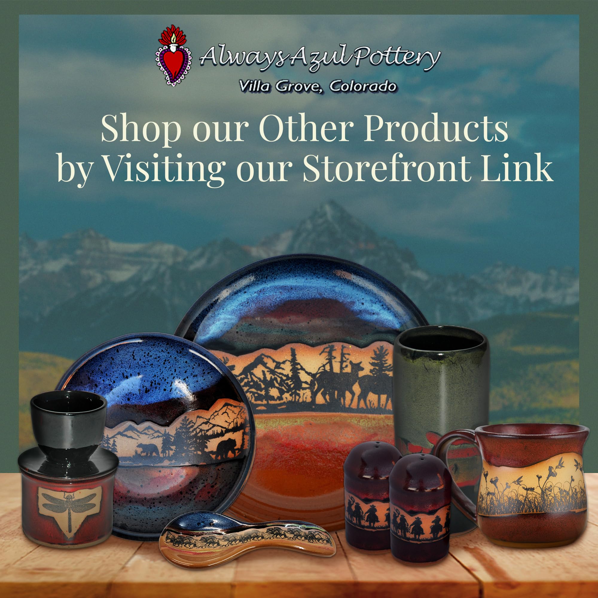 Handmade Ceramic Serving Platter & Dipping Bowl - Mountain Scenes Chip and Dip Set in Seamist Glaze - Traditional Polished Stoneware - Exquisite Appetizer Dishes for Parties, Entertaining & Home Decor