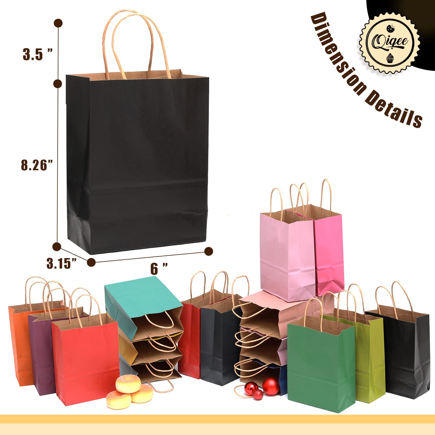 qiqee 32-Pack Small Gift Bags with Handles - 8.26x6x3.15 Inches Bulk Kraft Paper Bags - 16 Elegant Colors for Party Favors, Wedding, Birthday, Baby Shower & Retail Packaging
