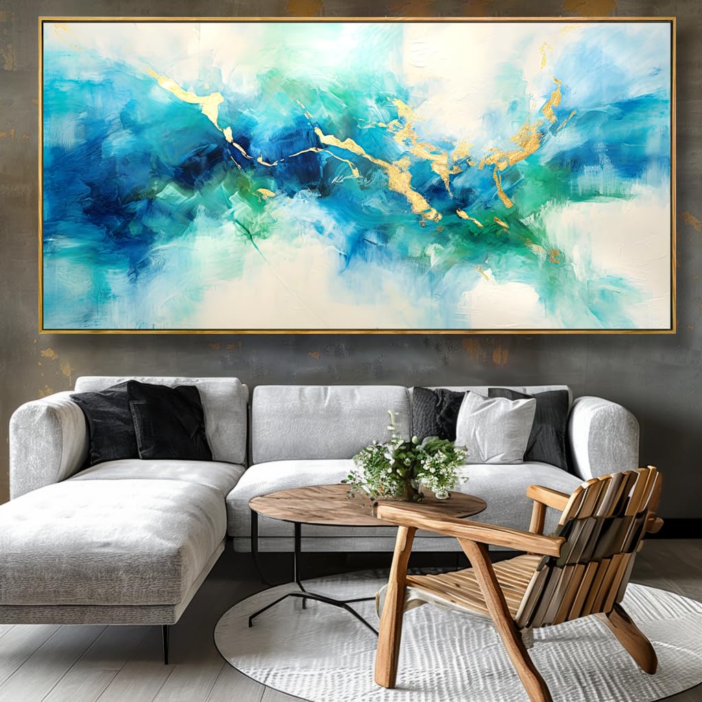 Abstract Canvas Wall Art - Green Blue & Gold Fantasy Painting - Modern Framed Decor for Bedroom, Living Room, Dining Room & Home Office - 30x60 Inches - Perfect for Contemporary Spaces & Gift Giving