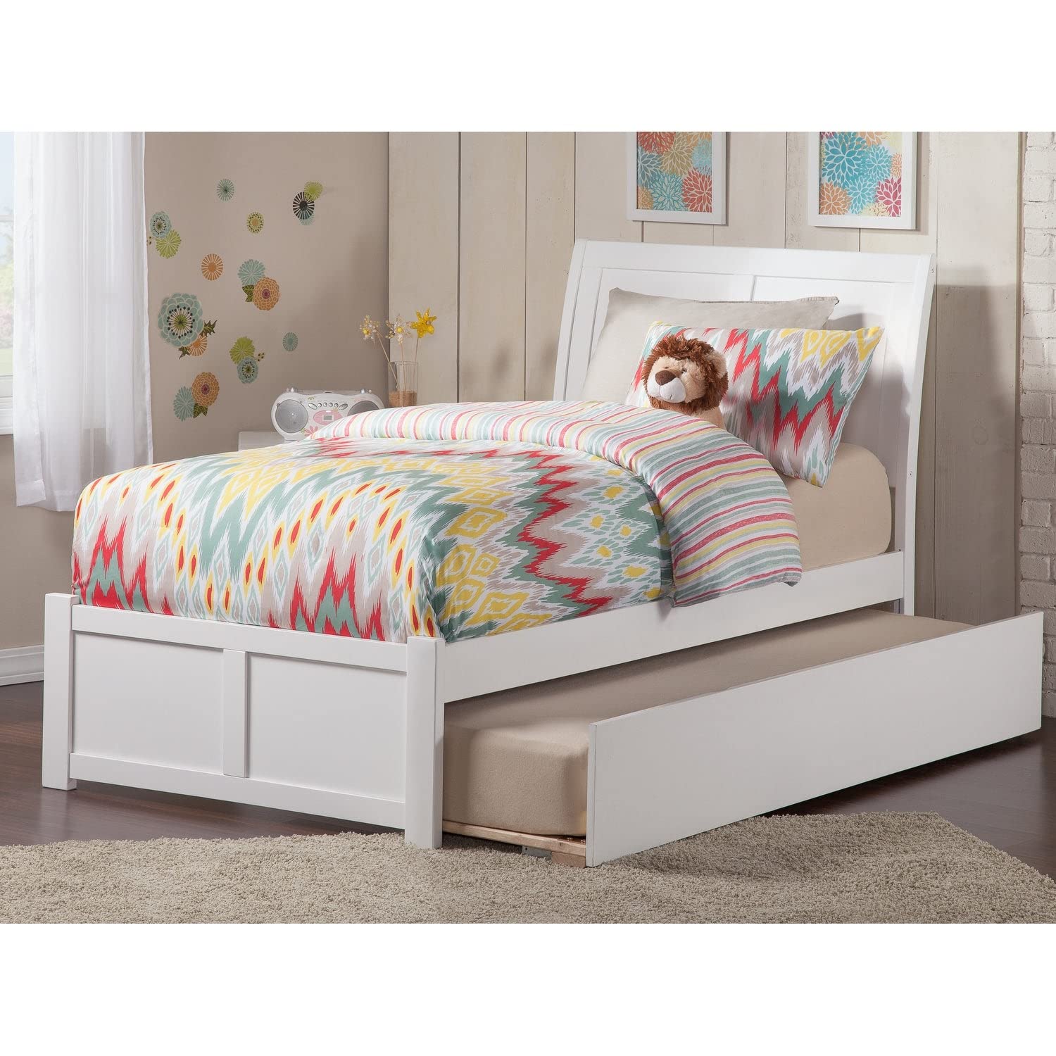 Atlantic Portland Twin Platform Bed with Flat Panel Footboard & Urban Trundle - White Modern Space-Saving Bedroom Set for Kids, Teens & Small Spaces | Perfect for Guest Rooms, Dorms & Apartments