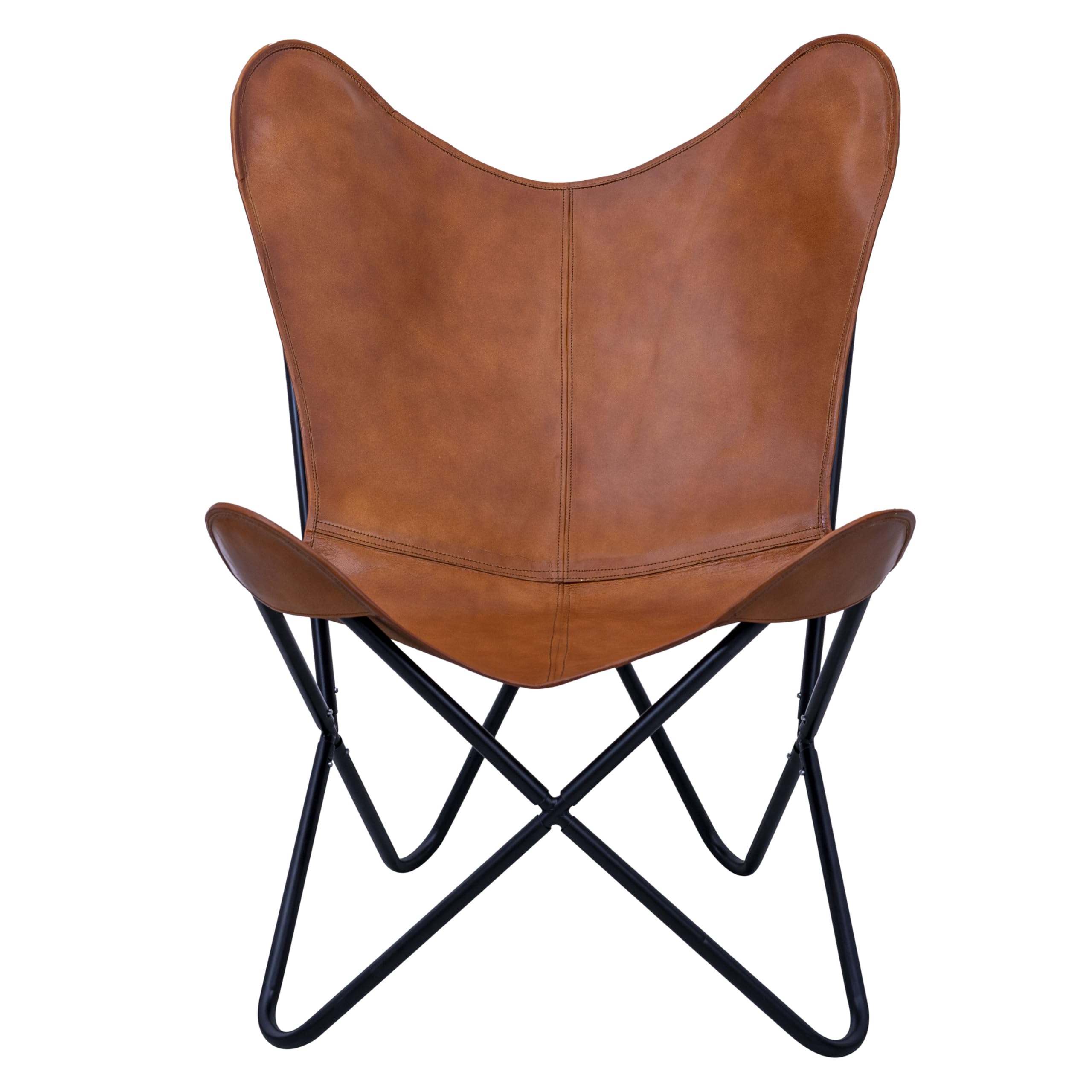 Tan Leather Butterfly Chair with Black Metal Base - Modern Living Room Accent Chair for Lounge, Patio, or Bedroom - Iron Frame & Premium Leather Cover - Stylish & Comfortable Seating