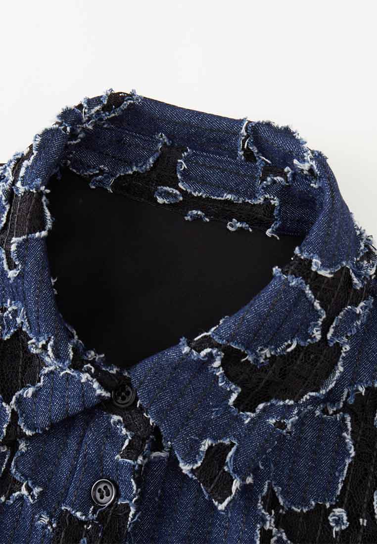 Reconstructed Denim Shirt with Lace Detailing - Stylish Vintage Inspired Top for Women | Perfect for Casual Outings, Date Nights & Boho Fashion Looks