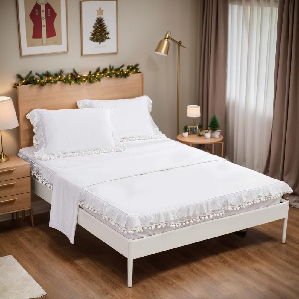 Premium 100% Cotton 600 Thread Count California King Sheet Set - Elegant White Pom Pom Ruffle Design with 17.5