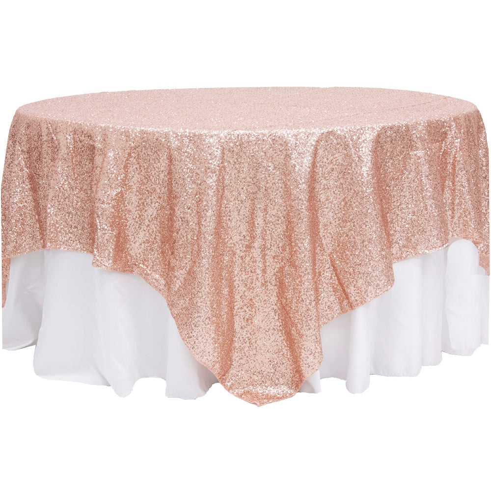 Glitz Sequin Table Overlay Topper 90x90 Inch Square - Blush Rose Gold Wedding Party Decor for Birthday, Anniversary & Special Events