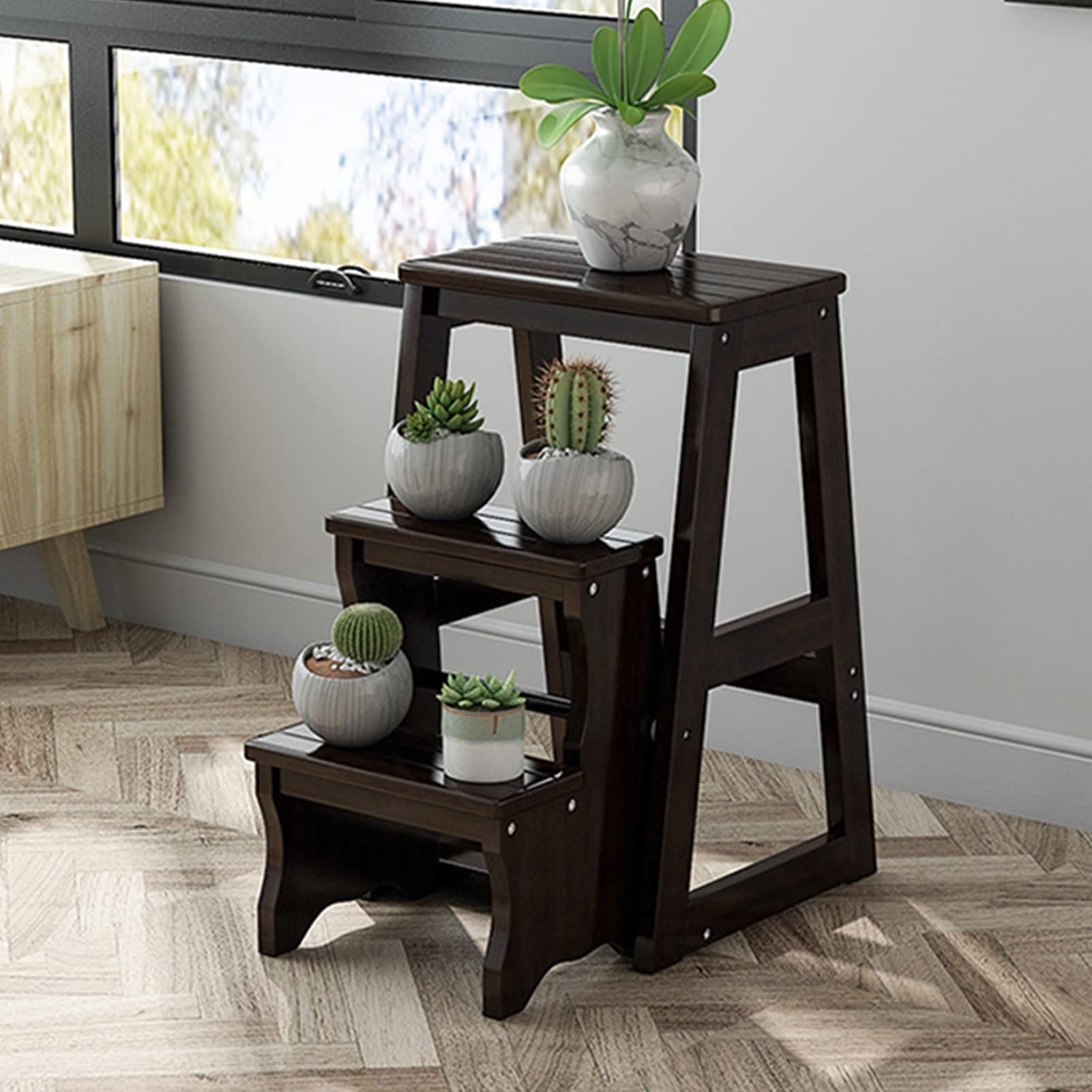 Wooden Step Stool for Indoor Use - Foldable Flower Stand, Multi-Functional Library Step Stool, Climbing Stool for Bookshelf & Storage - Perfect for Home, Kitchen, Bathroom & Kids' Room