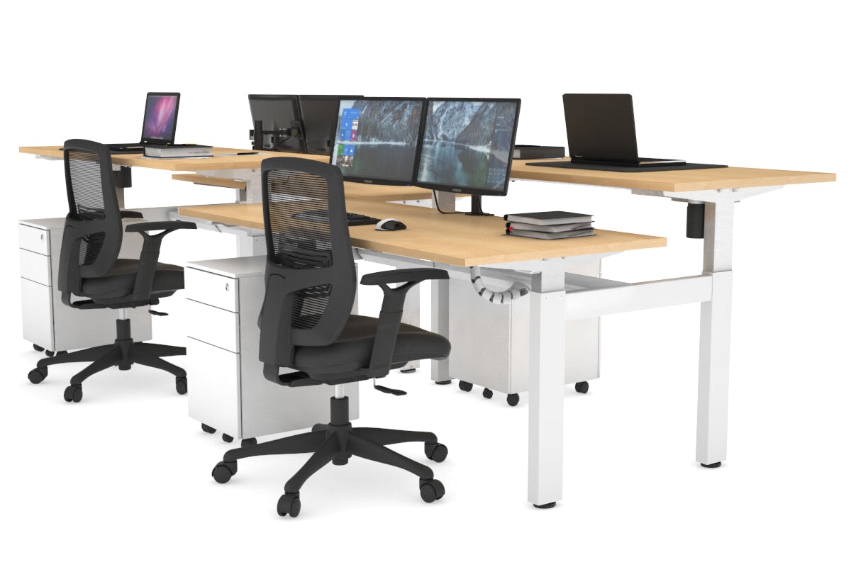 Adjustable 4-Person H Bench Workstation - White Frame [1600L x 700W] - Ergonomic Office Desk for Collaborative Workspaces & Coworking Environments