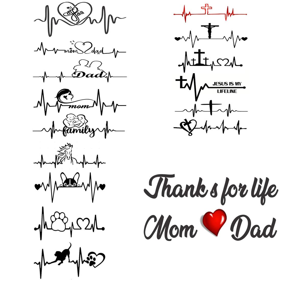Temporary Tattoo Stickers Pack of 4 - Heart Line Art Designs for Mom & Dad, Men & Women (2x4 Inch) | Waterproof Body Art for Parties, Festivals & Family Events