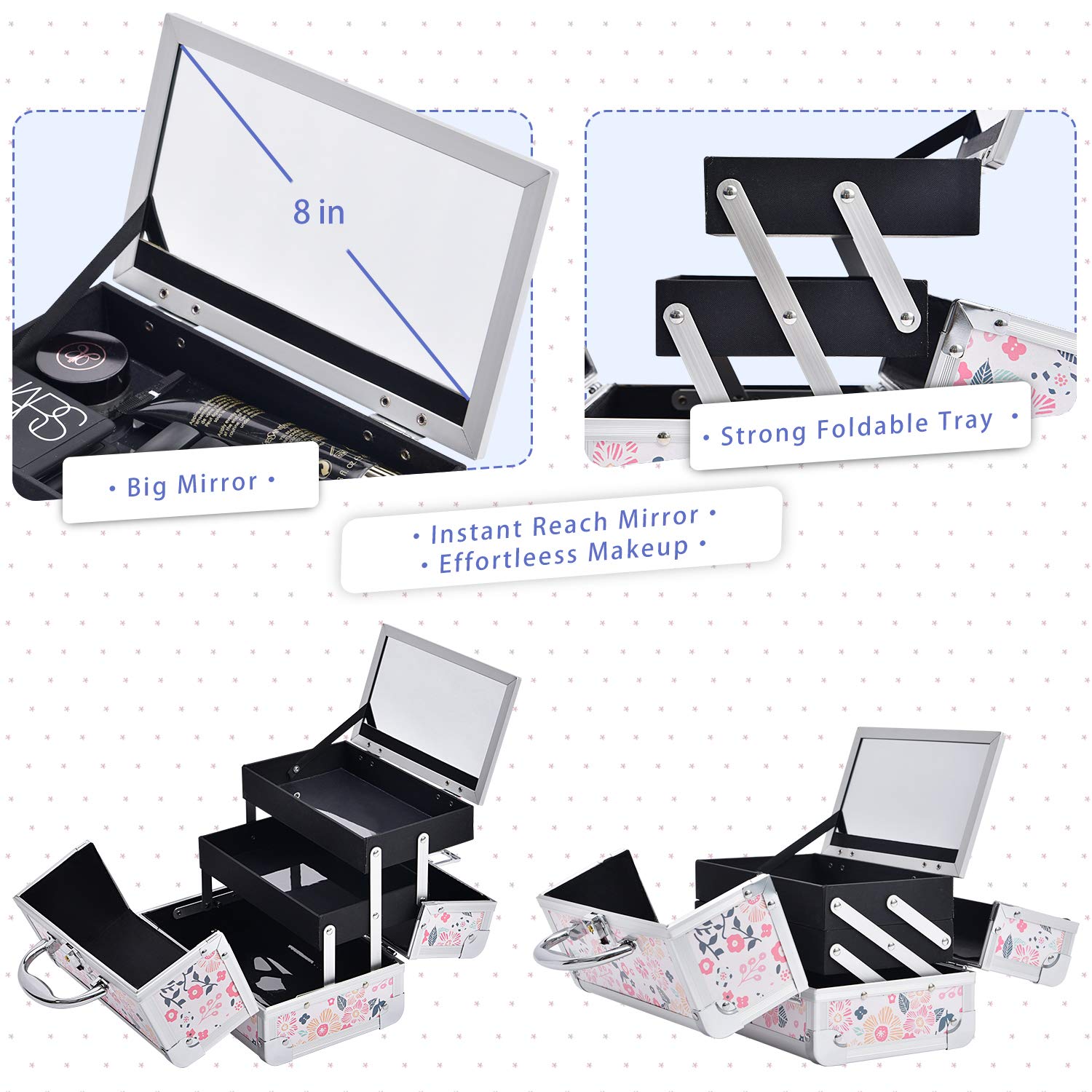 Joligrace Lockable Makeup Train Case with Mirror & 2-Tier Tray - Portable Cosmetic & Jewelry Organizer Storage Box for Women - White Floral Design - Perfect for Travel, Home Vanity & Professional Makeup Artists