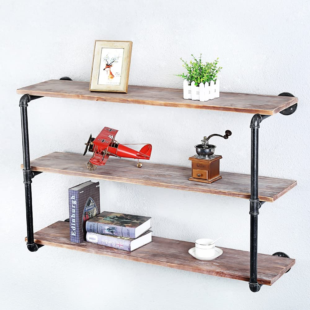 Industrial Pipe Floating Shelves - 3 Tier 42 Inch Wall Mounted Wood & Metal Shelf for Books, Decor & Storage | Rustic Home Office, Living Room & Bedroom Organization