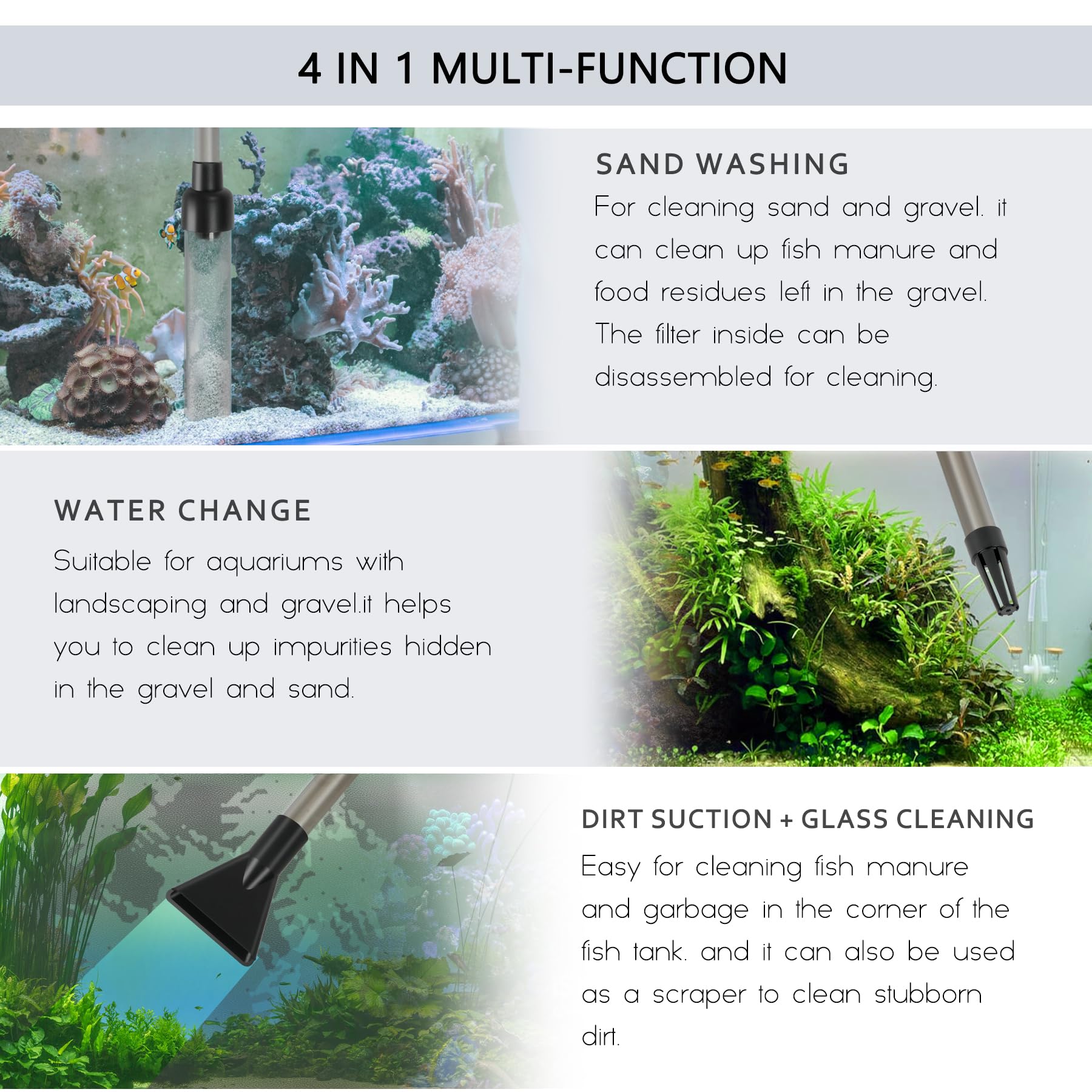 4 in 1 Aquarium Gravel Cleaner - Fish Tank Vacuum Siphon with Water Flow Clamp for Easy Water Changes, Sand Washing & Dirt Removal | Perfect for Freshwater & Saltwater Tanks, Home & Office Aquariums