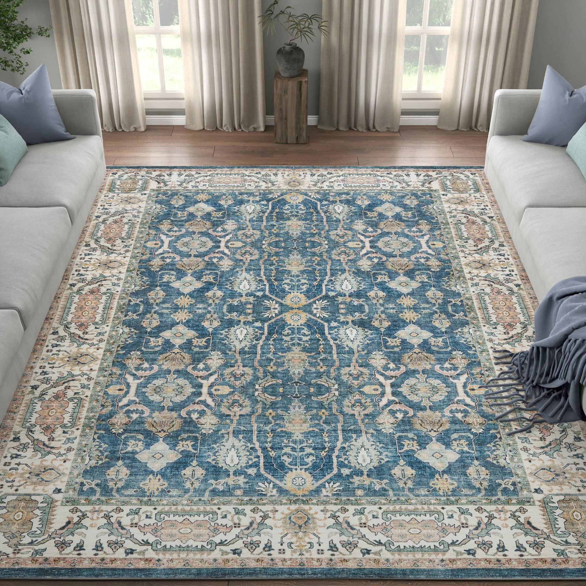 Jinchan 8x10 Washable Vintage Boho Area Rug - Non-Slip Distressed Floral Carpet for Living Room, Bedroom, Dining Room & Kitchen Decor | Soft Retro Indoor Floor Mat in Blue | Perfect for Bohemian Home Decor & Cozy Spaces