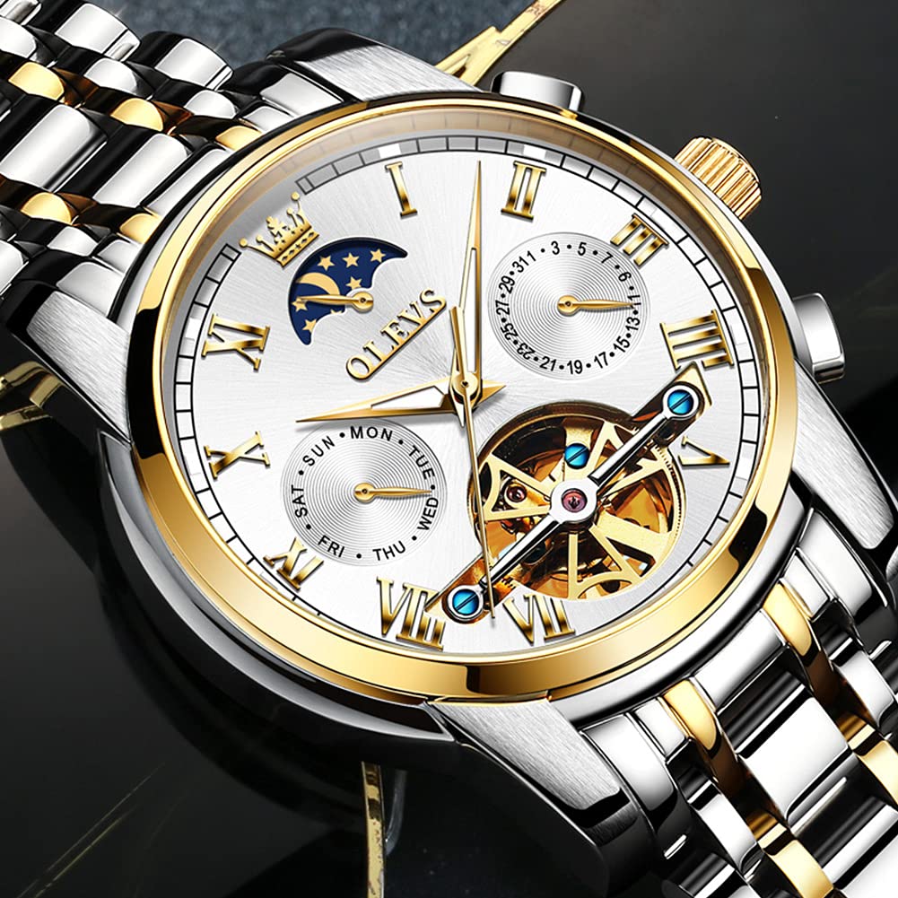 OLEVS Men's Automatic Mechanical Tourbillon Watch - Self-Winding Luxury Stainless Steel Waterproof Wristwatch with Luminous Hands & Date Display - Perfect for Business, Formal Events & Everyday Wear