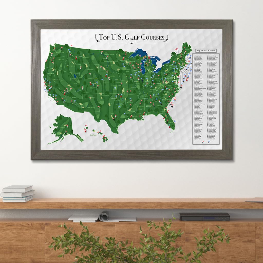 Custom Push Pin Travel Map of Top Golf Courses in USA - Handcrafted Barnwood Gray Framed Wall Art with 150 Pins - 27.5