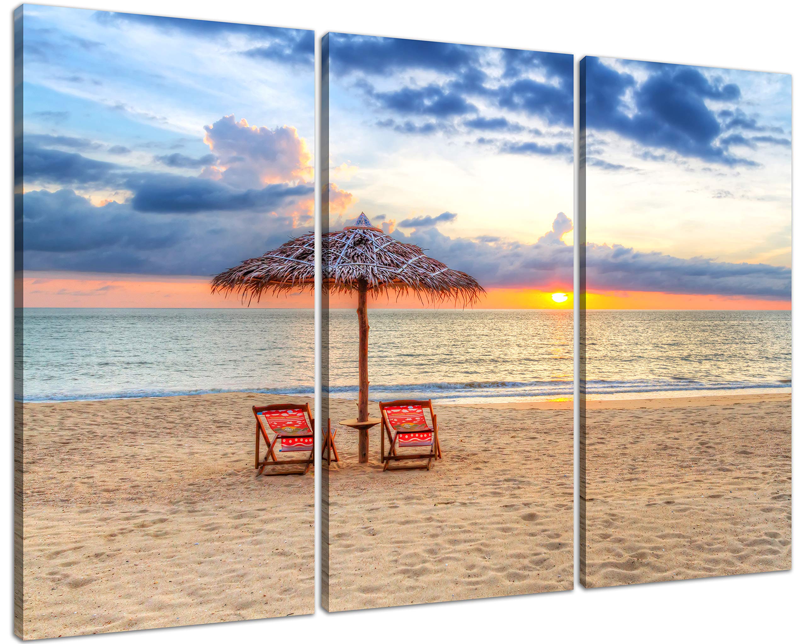 3Pcs Canvas Prints - Tropical Beach Wall Art with Chairs & Umbrella, Ocean Seascape Picture, Modern Giclee Stretched Framed for Home Decor | Perfect for Living Room, Bedroom & Beach House Decor