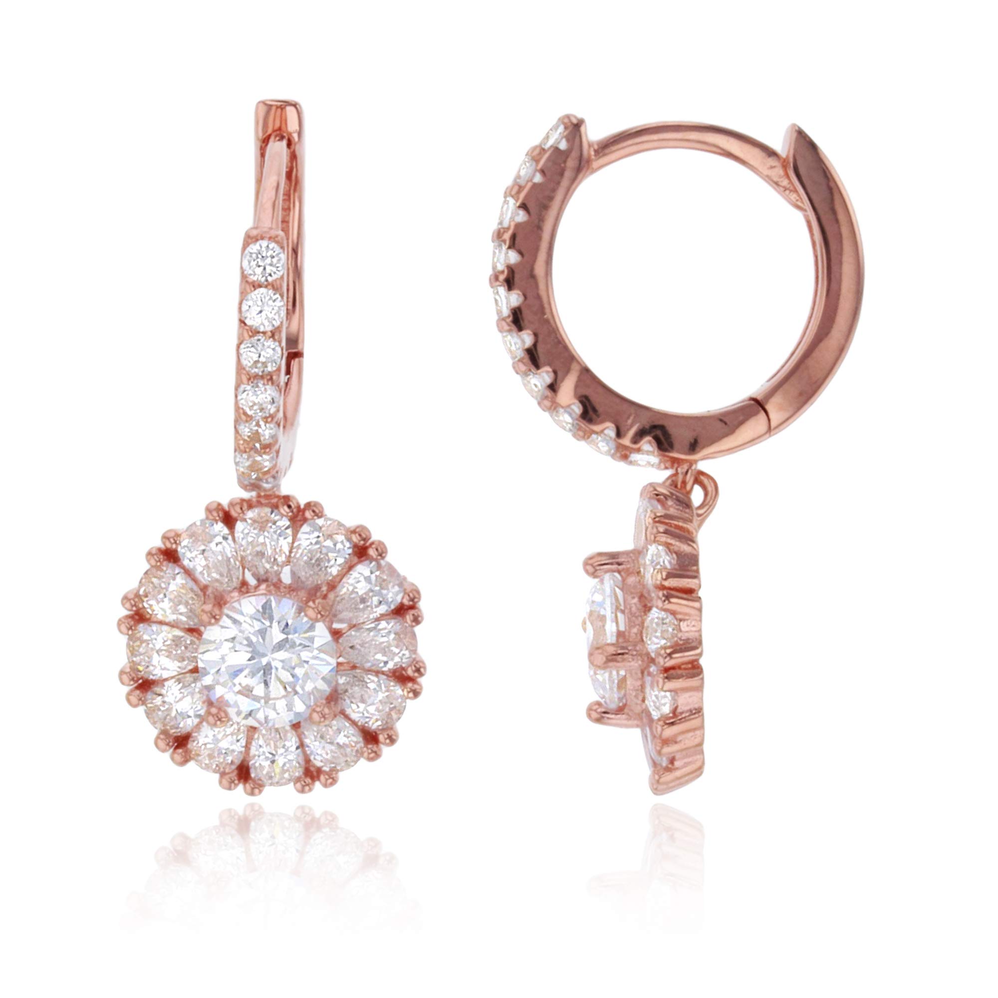 Sterling Silver Rose 5mm Round & Pear Shape White Cubic Zirconia Huggie Earrings for Women – Elegant Dangling Hoop Earrings for Party, Wedding & Everyday Wear