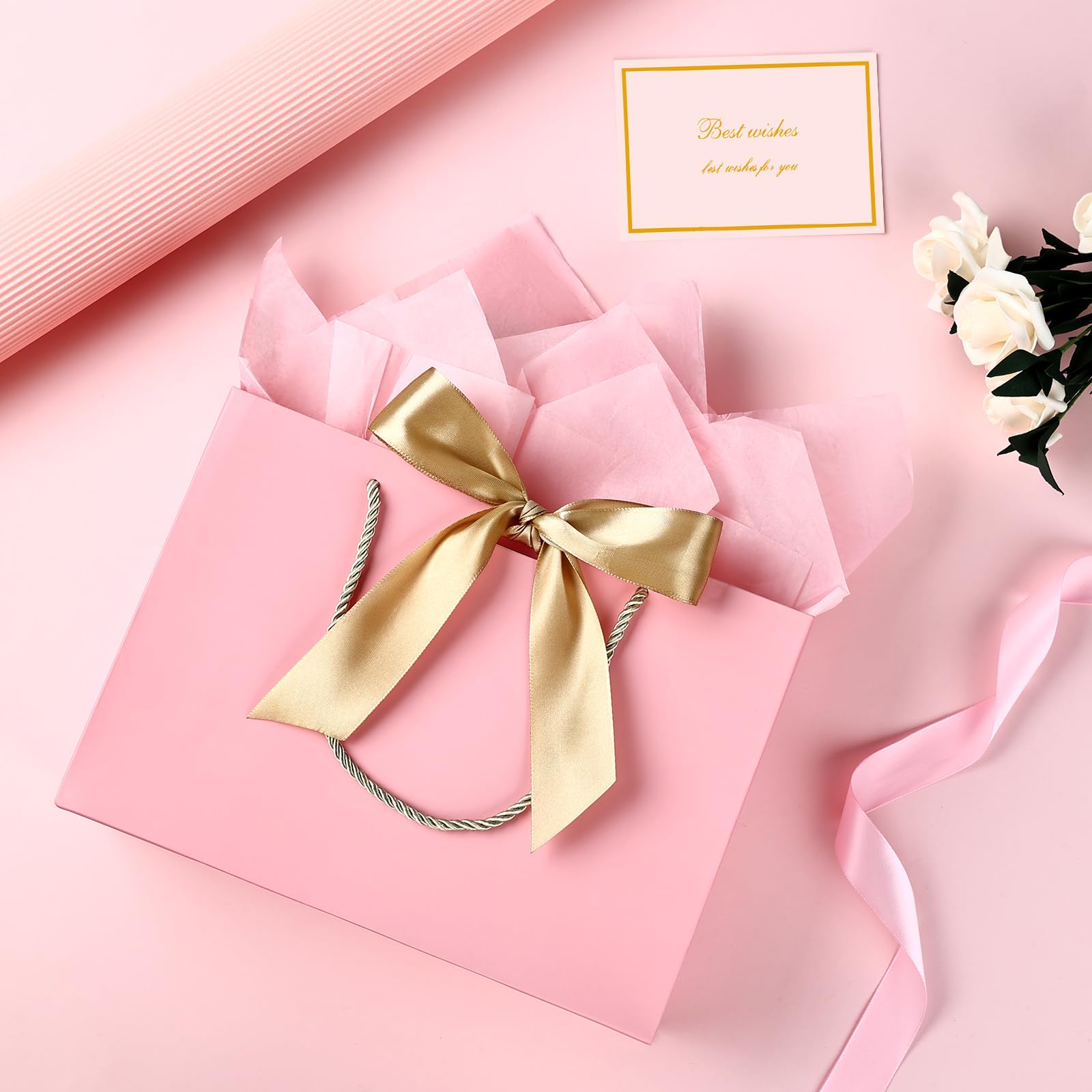 JMANNI Large Gift Bags with Ribbon - 1 Pack Includes 1 Paper Gift Bag with Handles, 1 Greeting Card & 2 Tissue Papers - Elegant Marble Pattern Present Bags for Birthday, Christmas, Wedding - Perfect for Party Favors, Bridal Showers & Corporate Gifting