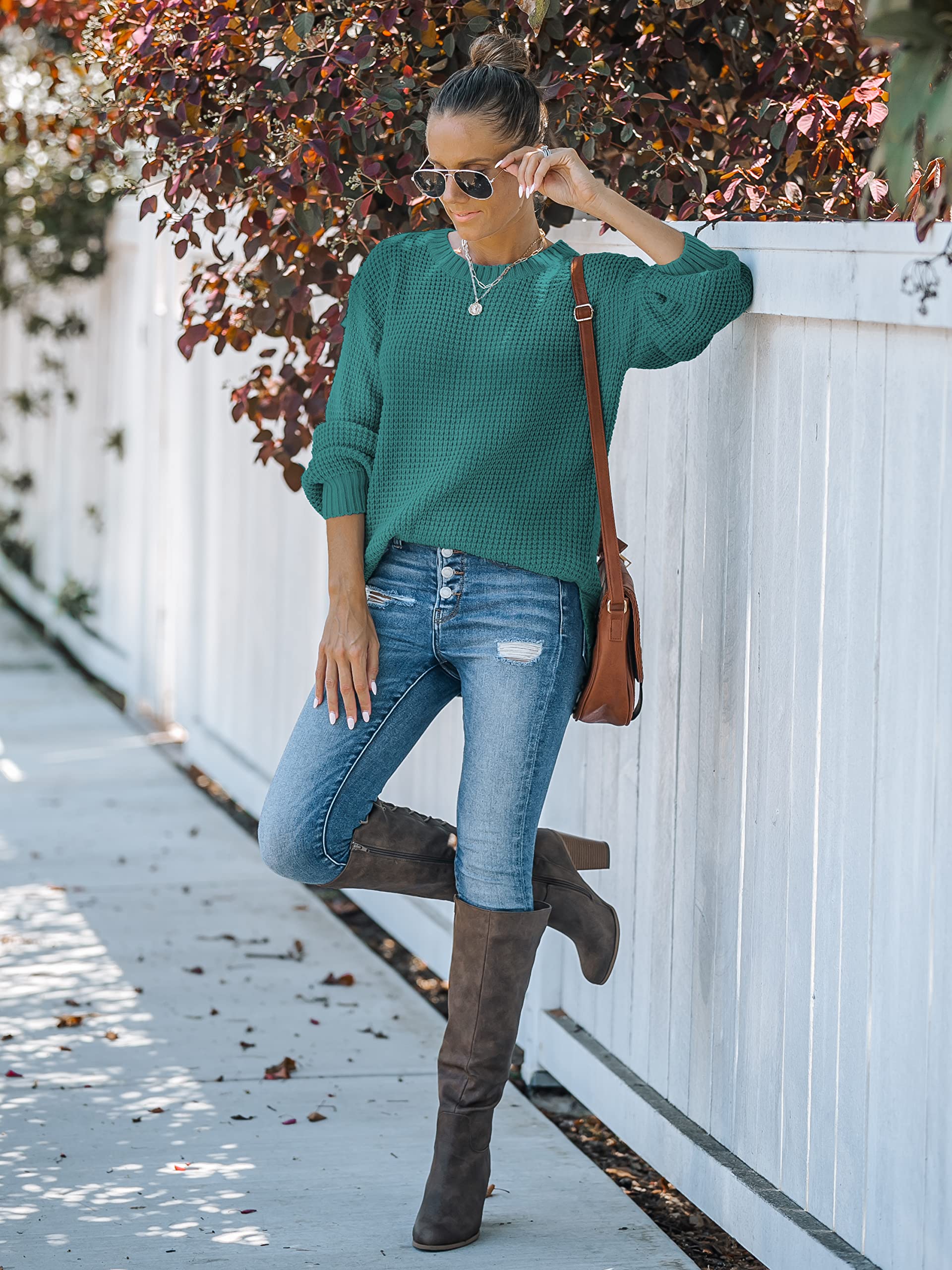 MEROKEETY Women's 2024 Fall Waffle Knit Sweater - Long Balloon Sleeve Loose Pullover Jumper - Cozy Casual Knitwear for Autumn & Winter - Perfect for Office, Date Night & Weekend Outings