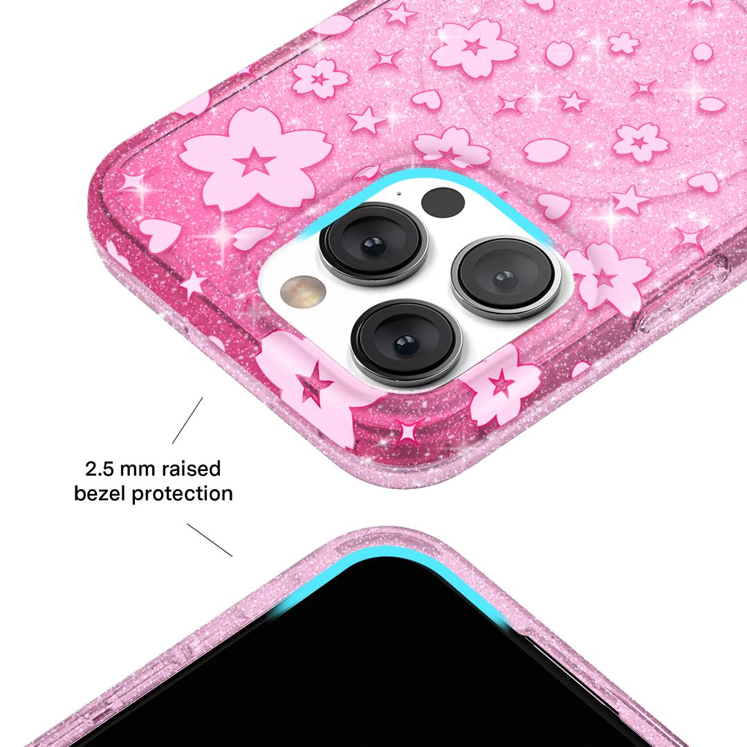 Pink Cherry Blossom Glitter iPhone Case - Cute Floral Design Shockproof Phone Cover for iPhone 14/13/12/11 Pro Max - Perfect for Spring Outfits & Gift Giving
