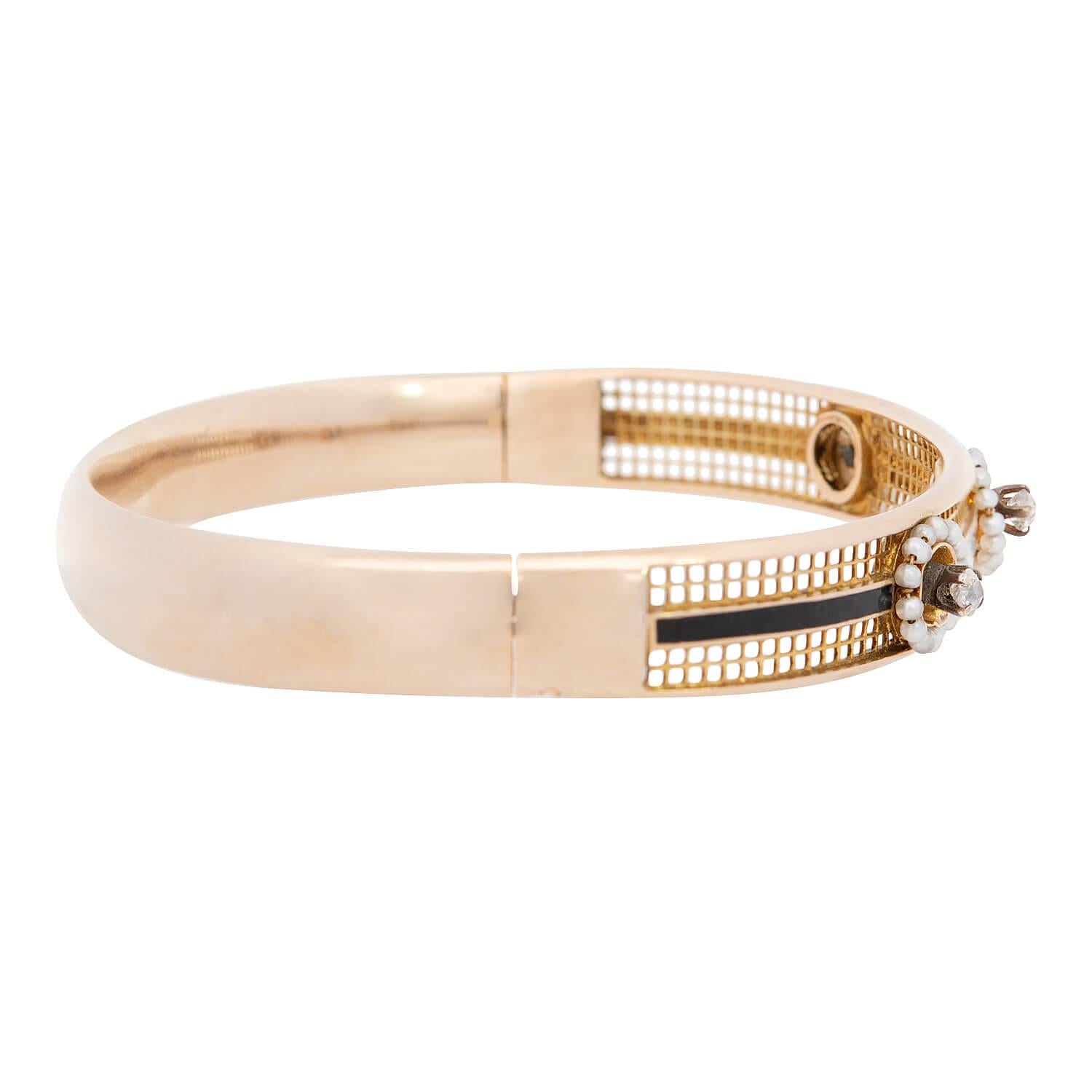 Exquisite Victorian 15K Gold Diamond, Pearl & Enamel Bangle Bracelet - Vintage Jewelry for Weddings, Parties & Special Occasions