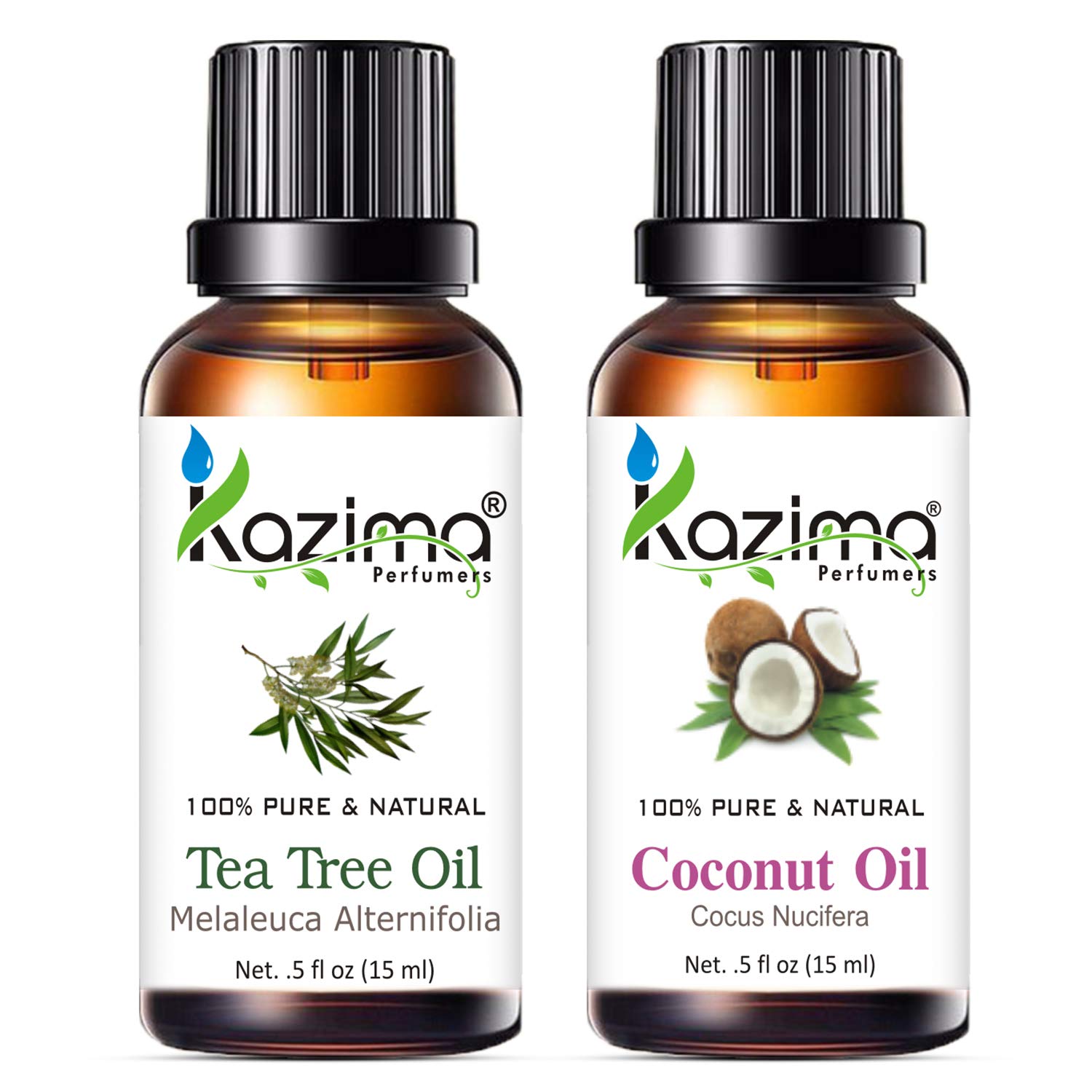 KAZIMA Tea Tree Oil & Coconut Oil Combo - 100% Pure Natural Essential Oils for Skin Moisturizing, Acne & Scar Treatment, Dandruff Control - 15ml Each - Perfect for Aromatherapy, Hair Care & DIY Beauty Recipes