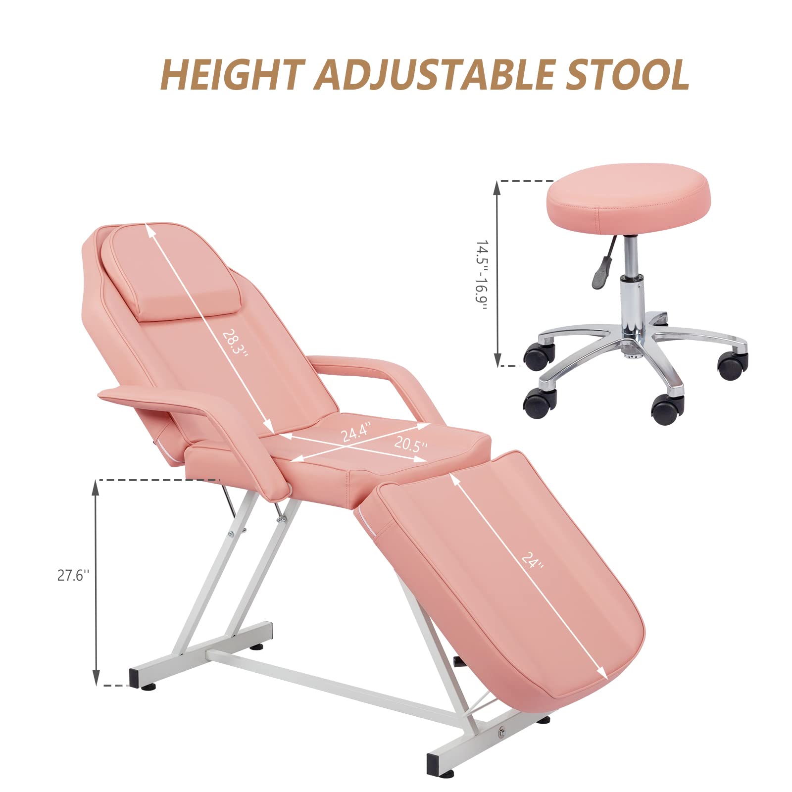 Professional Hydraulic Massage Chair & Facial Bed - Adjustable 3-Section Esthetician Table with Upgraded Stool for Salon, Spa & Tattoo Parlor | Multi-Purpose Beauty Equipment in Pink | Perfect for Massage Therapy, Skin Care & Barber Services