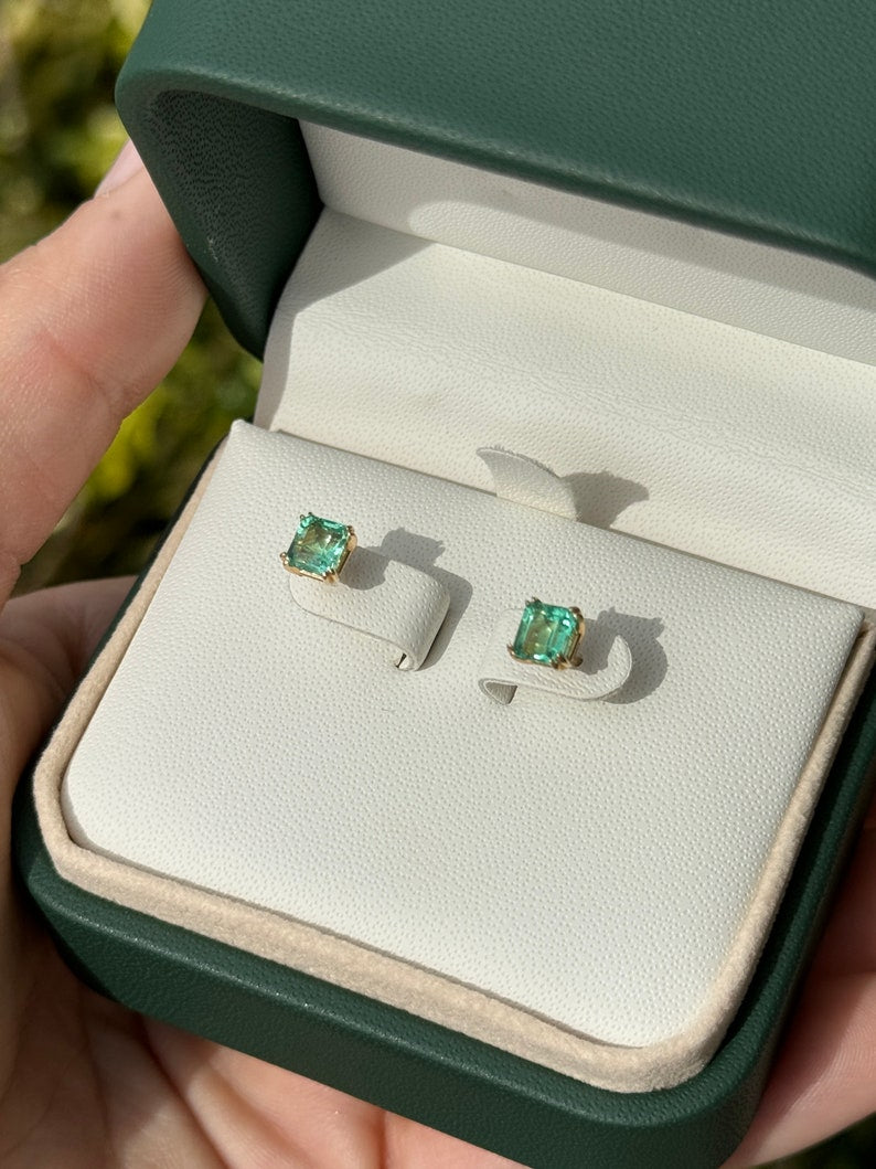 1.73tcw 14K Gold Vivid Electric Green Emerald Asscher Cut Stud Earrings - Double Claw Prong Setting for Secure Wear | Perfect for Weddings, Parties & Everyday Elegance