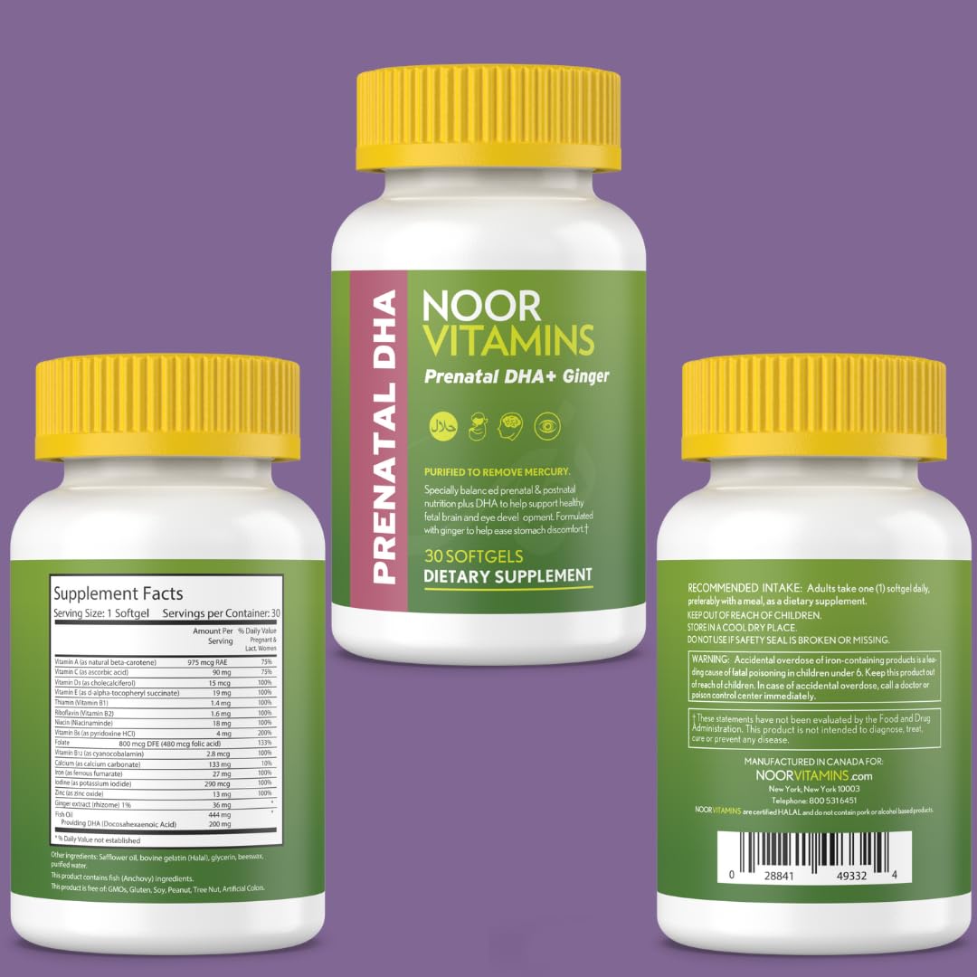 Halal Prenatal Vitamins with DHA, Folic Acid & Ginger - Noor Vitamins for Pregnancy Support Before, During & After - Iron-Rich Softgels for Morning Sickness Relief & Baby Development - 1 Month Supply - Perfect for Expecting Moms Seeking Natural Prenatal Care