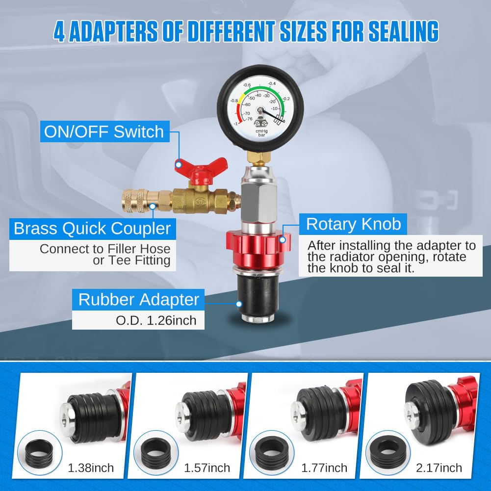 Time-Saving Coolant Vacuum Refill Kit - Well-Sealed Cooling System Vacuum Purge & Refill Kit with Pressure Gauge, 5 Size Adapters & Long Filling Hose for All Vehicles - Perfect for DIY Car Maintenance & Professional Auto Repair Shops