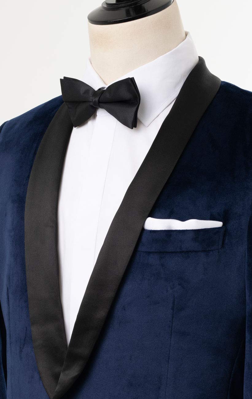 Elegant Dobell Men's Navy Blue Velvet Tuxedo Jacket - Slim Fit Dinner Suit with Contrast Shawl Lapel for Weddings, Galas & Formal Events