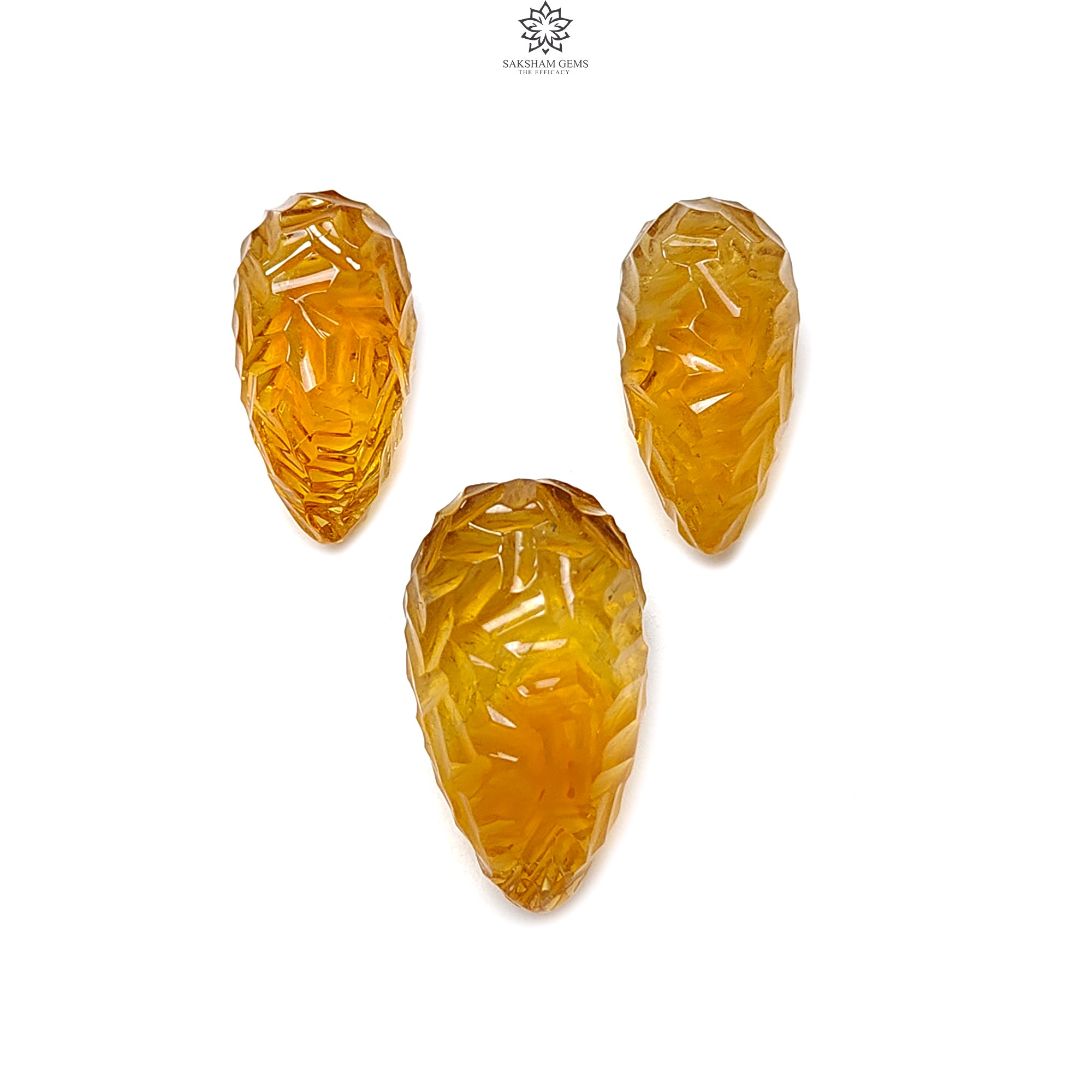Natural Untreated Yellow Citrine Gemstone Carving - 84.70cts Handcrafted Teardrop Shape (24mm x 27mm) 3-Piece Set, November Birthstone | Perfect for Jewelry Making, Meditation Crystals & Healing Stone Collections