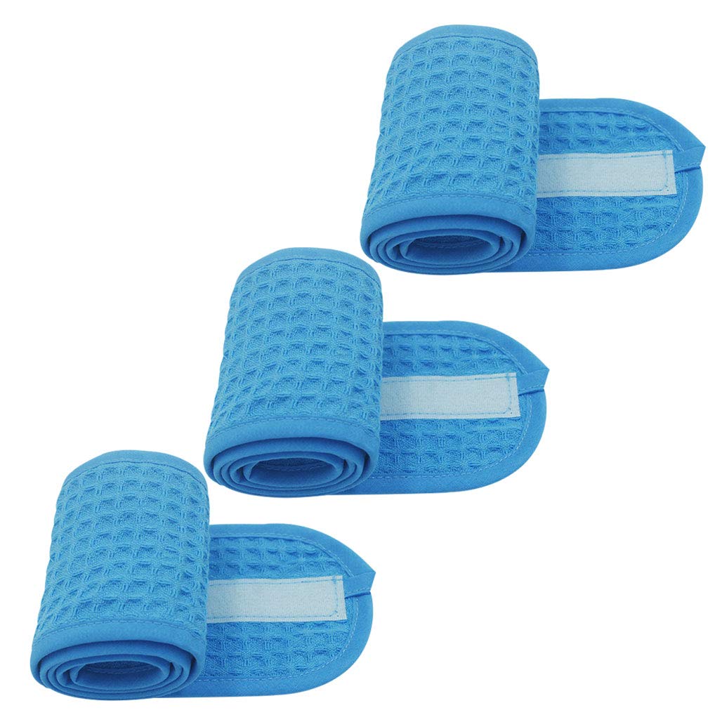 3 Pack Adjustable Terry Waffle Headbands - Sweat Absorbent Spa Hair Bands with Magic Tape for Women & Men - Perfect for Makeup, Washing Face, Shower, Yoga, Gym Workouts & Sports - Soft & Comfortable Blue Head Wraps