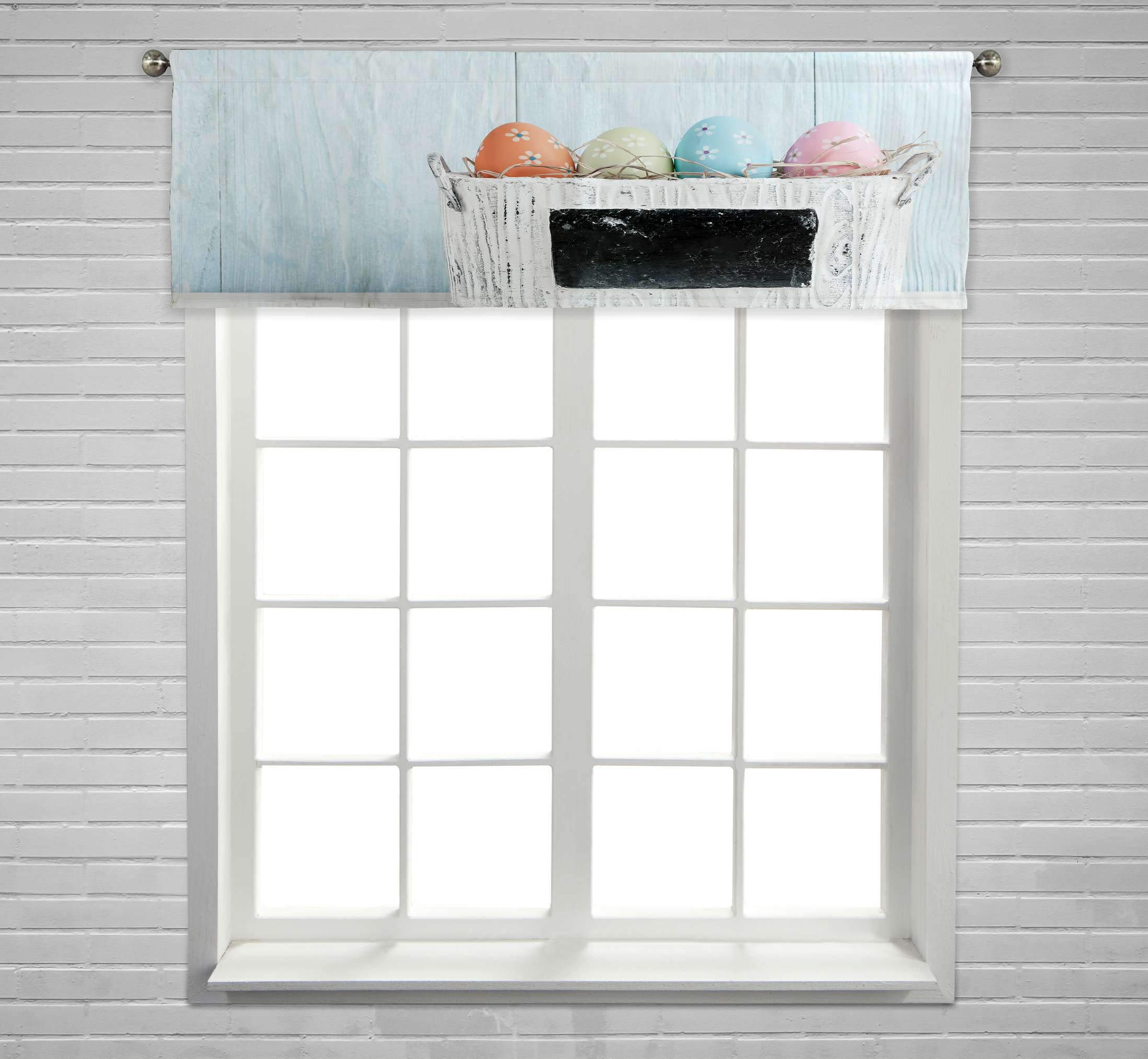 Blue Wooden Easter Egg Window Valance Curtain with Rod Pocket - 54x18 Inch - Spring Home Decor for Living Room, Bedroom & Kitchen