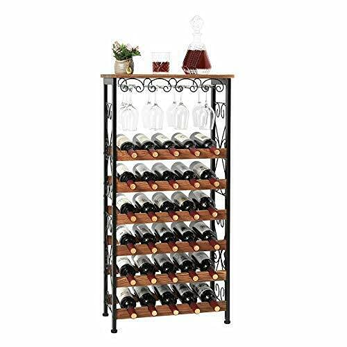 Rustic 30-Bottle Floor Wine Rack with Glass Holder - Solid Wood Wine Storage Shelf for Dining Room, Kitchen or Home Bar Decor