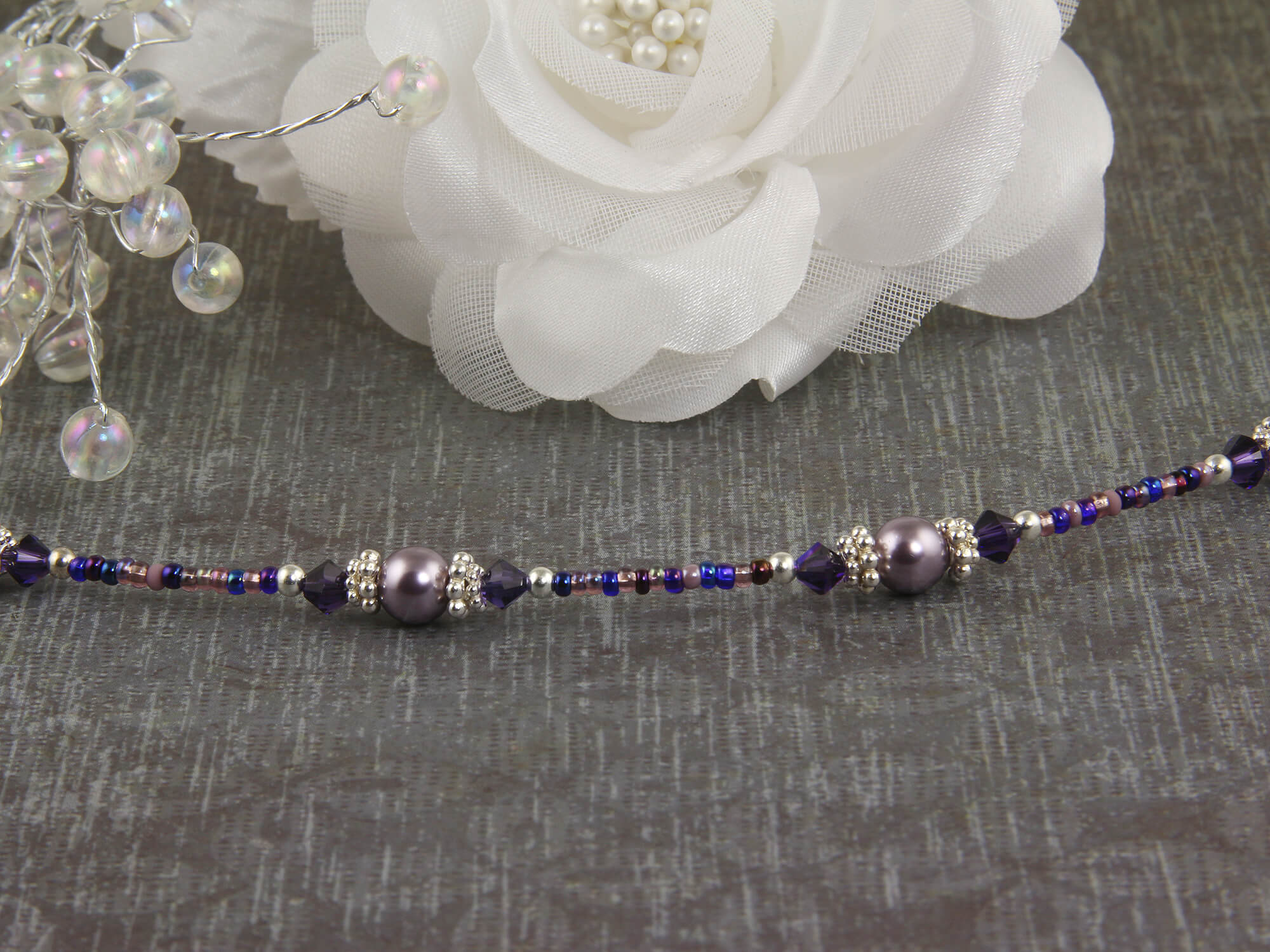 Violet Mauve Crystal Beaded Anklet - Elegant Adjustable Ankle Bracelet for Women | Perfect for Beach, Wedding & Boho Fashion Accessories