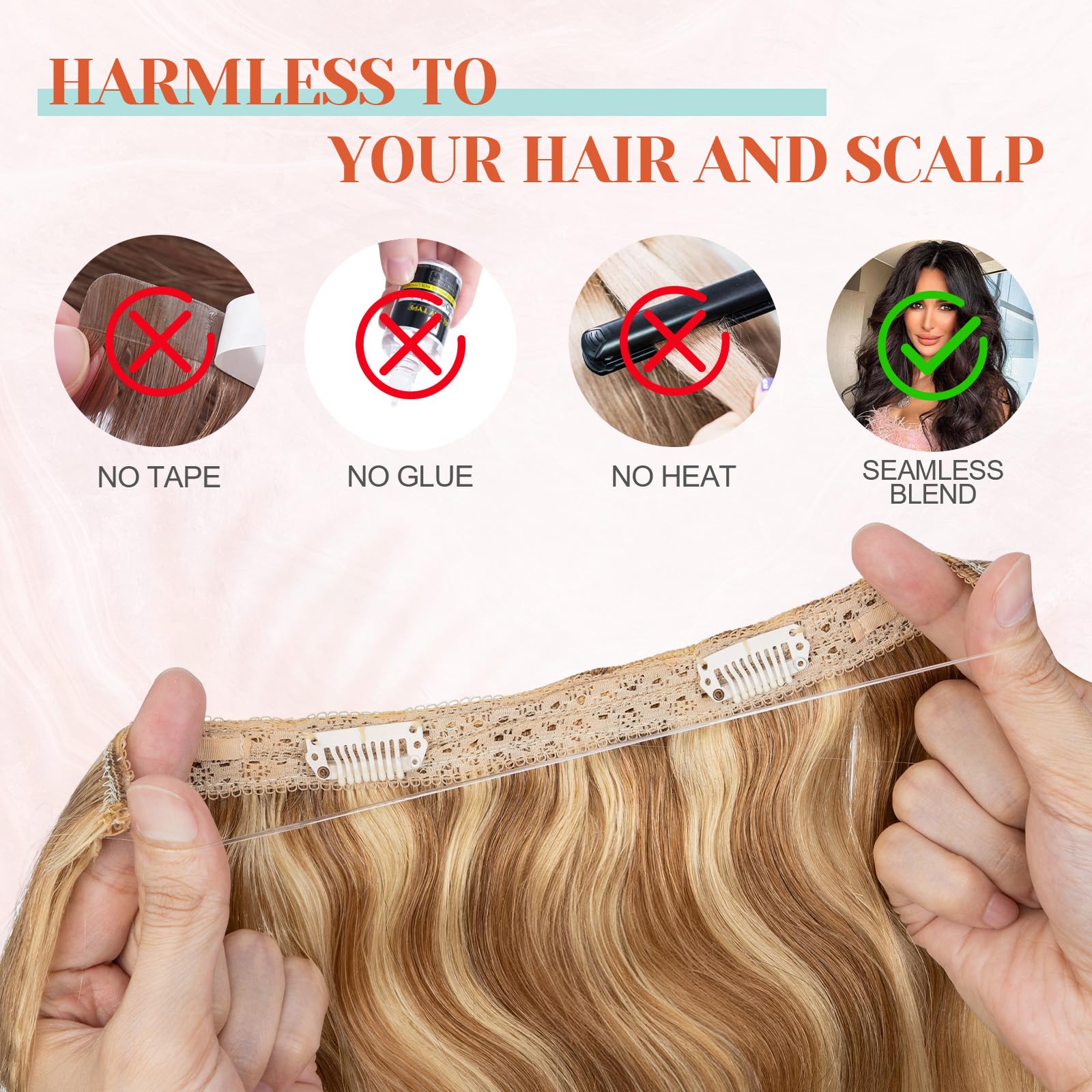 Benehair Ombre Human Hair Extensions - Brown to Blonde Wavy 22 Inch 130g Full Head Hairpieces for Women | No Tape No Glue Seamless Fish Line Headband | Natural Volume Boost for Everyday & Special Occasions