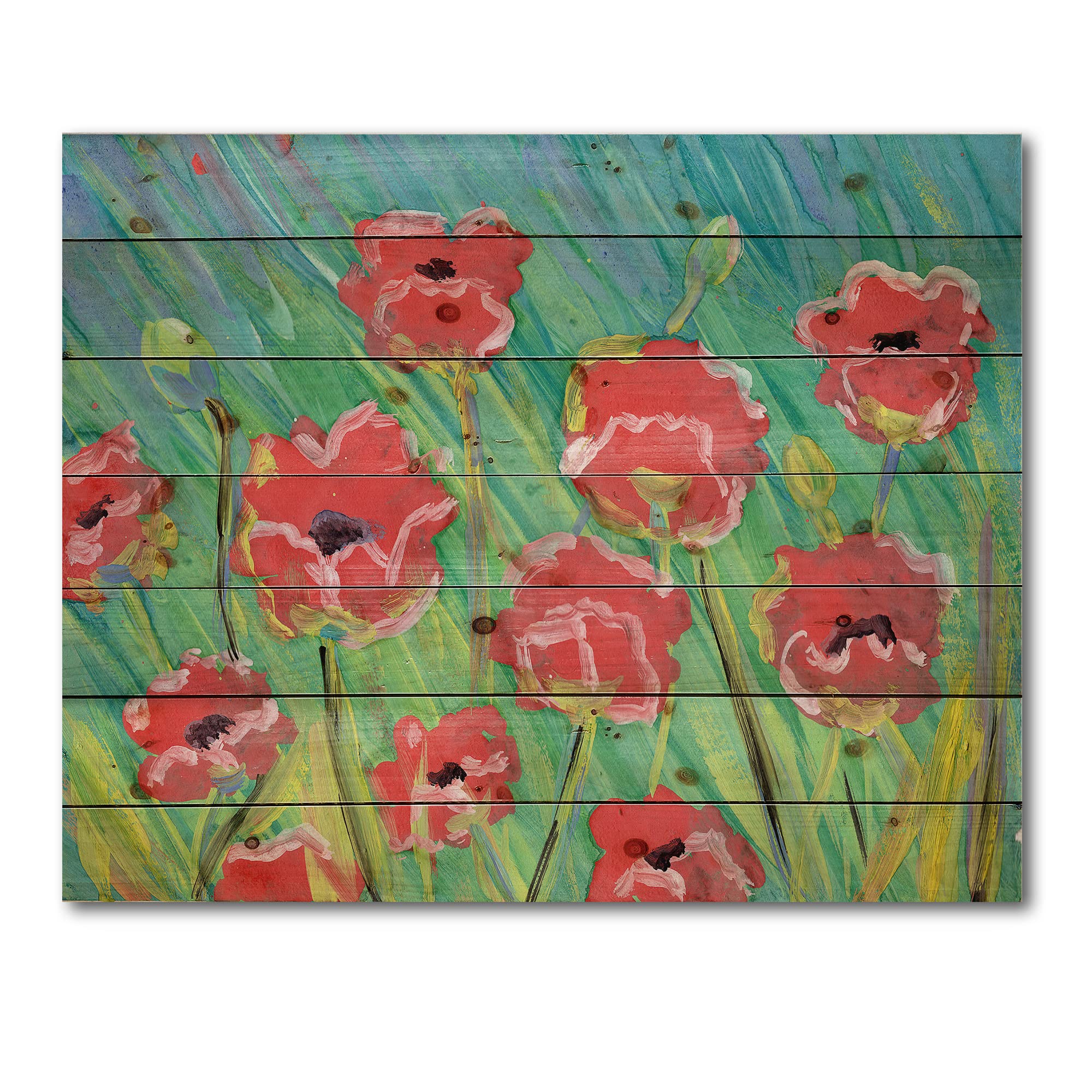 DesignQ Blooming Poppies Gouache Wood Wall Art - Traditional Red Floral Wall Decor - Large Pine Wood Wall Panels - Perfect for Living Room, Bedroom & Office Decoration
