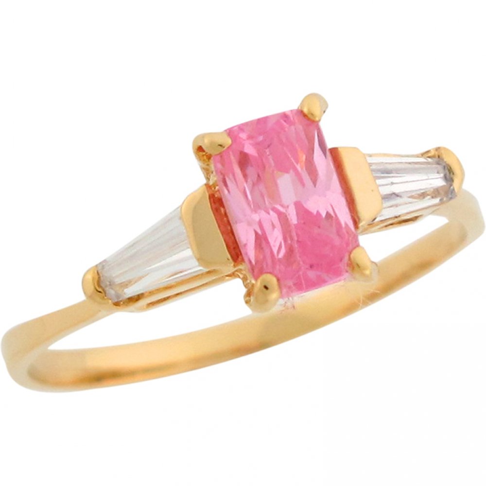 10K Yellow Gold Pink Octagon CZ Ring with White Baguette Side Stones - October Birthstone Jewelry for Women, Perfect Gift for Birthday, Anniversary & Special Occasions