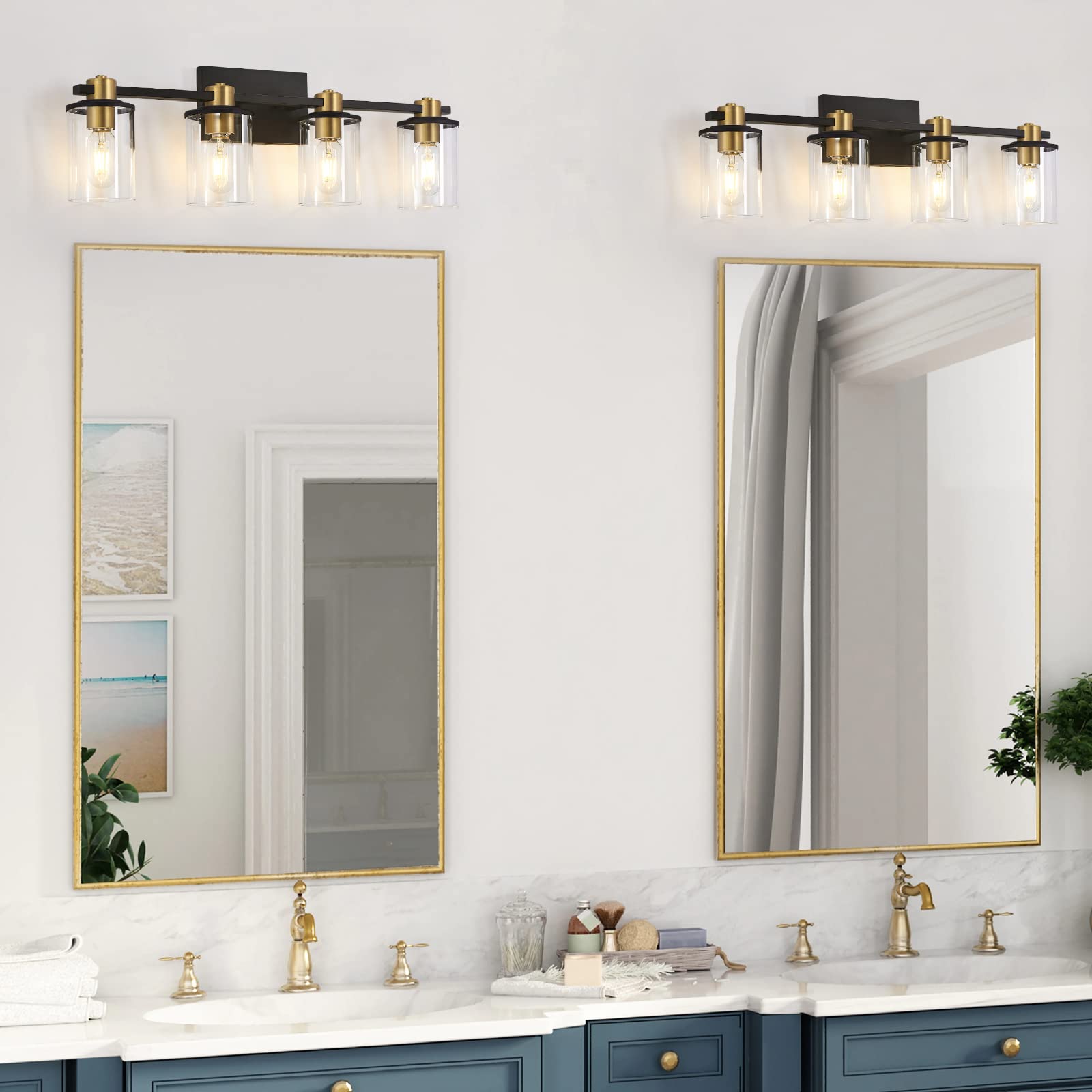 Stambord 4-Light Black and Gold Bathroom Vanity Light Fixture with Clear Glass Shade - Modern Wall Sconce Lighting for Bathroom, Bedroom, Hallway - Perfect for Vanity Mirror Lighting and Home Décor